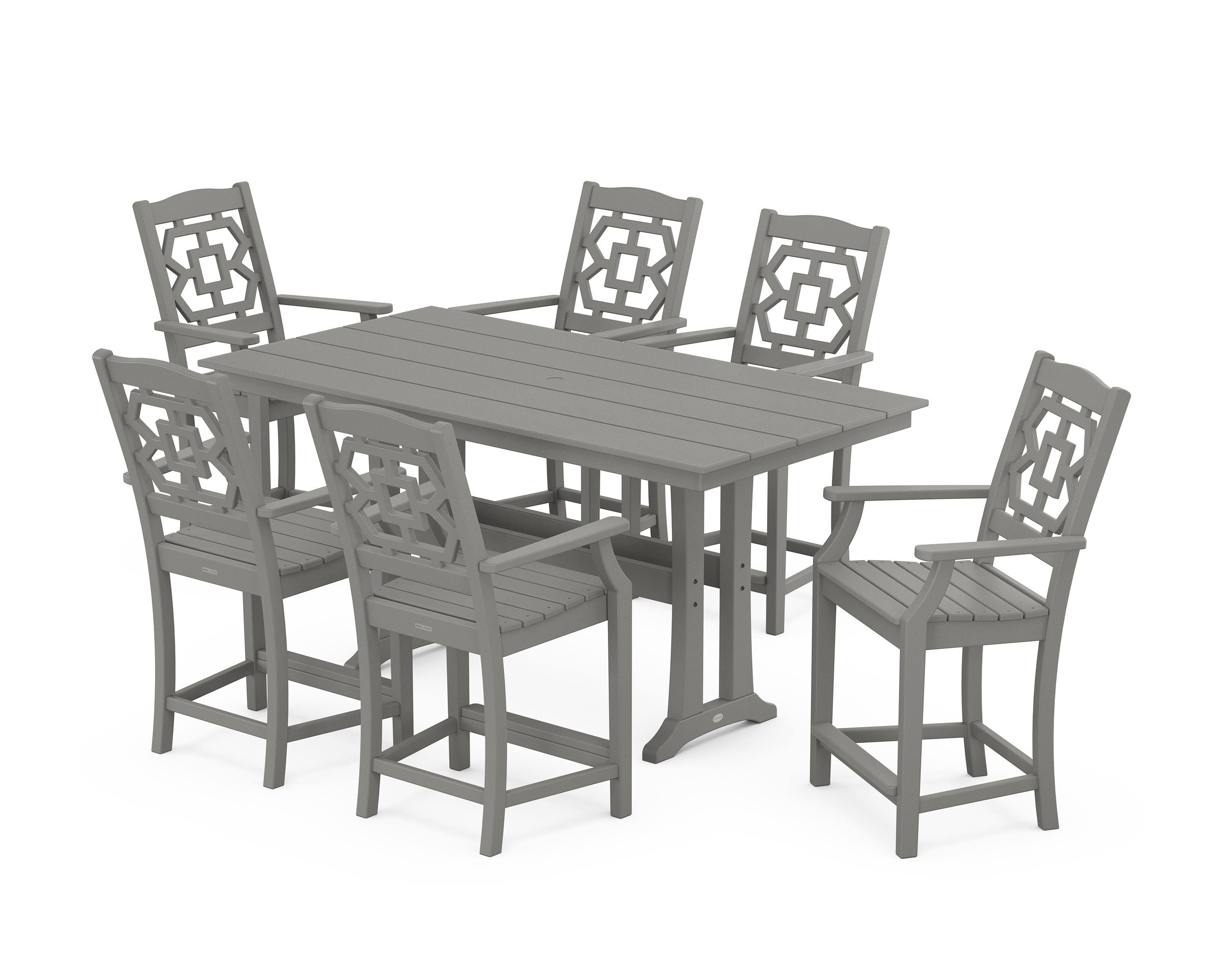 POLYWOOD Chinoiserie Arm Chair 7-Piece Farmhouse Counter Set with Trestle Legs