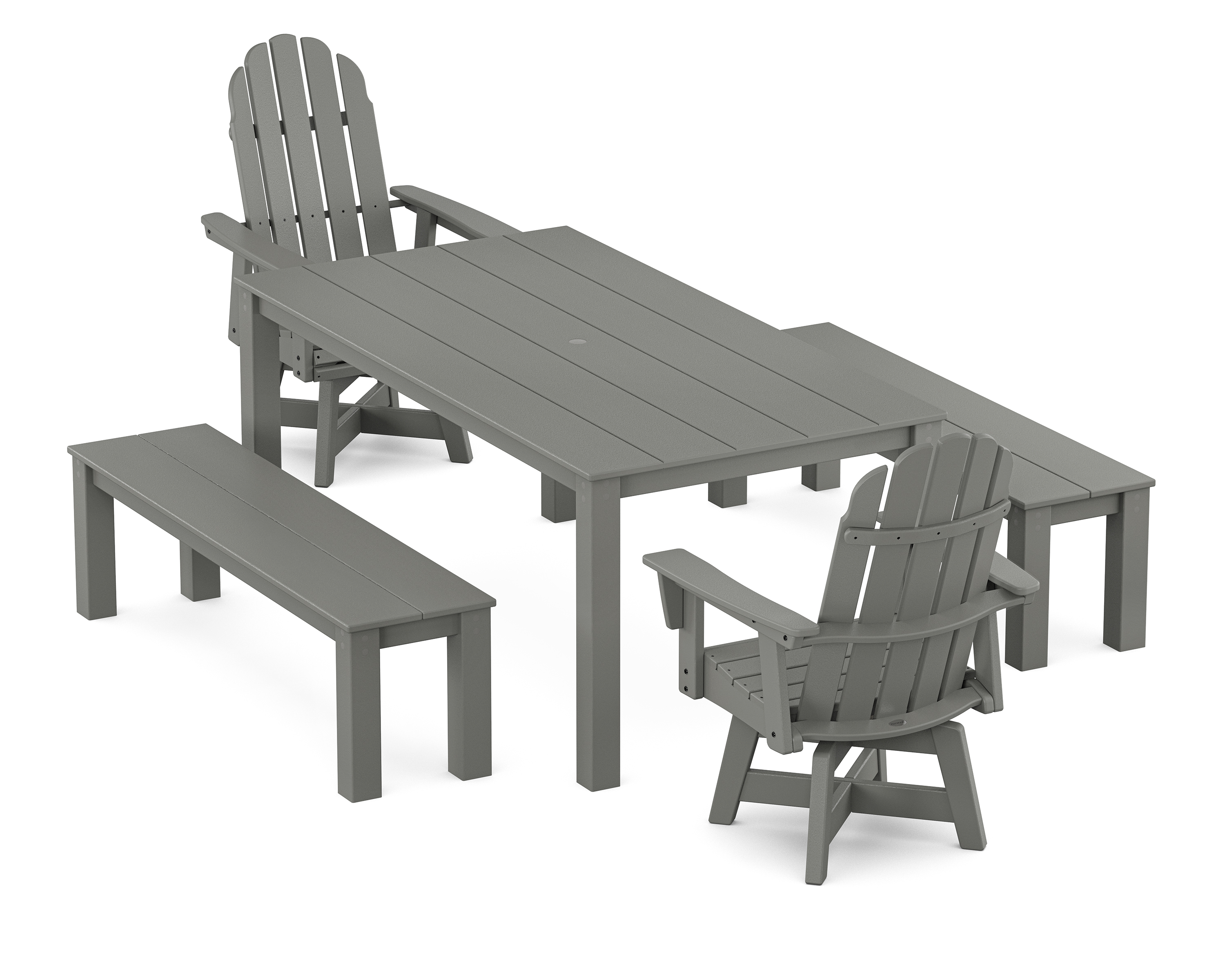 POLYWOOD Vineyard Curveback Adirondack 5-Piece Parsons Swivel Dining Set with Benches