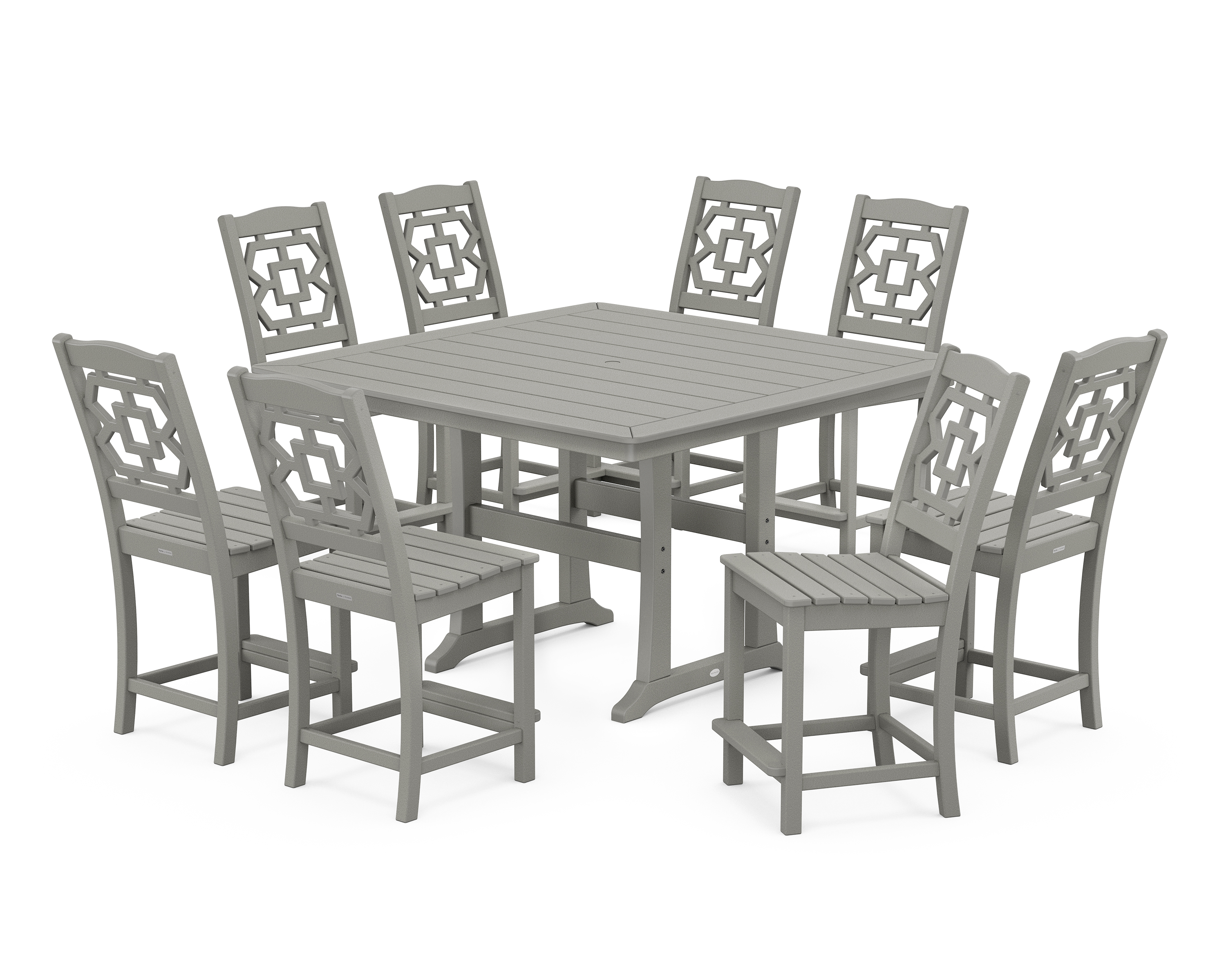 POLYWOOD Chinoiserie 9-Piece Square Side Chair Counter Set with Trestle Legs