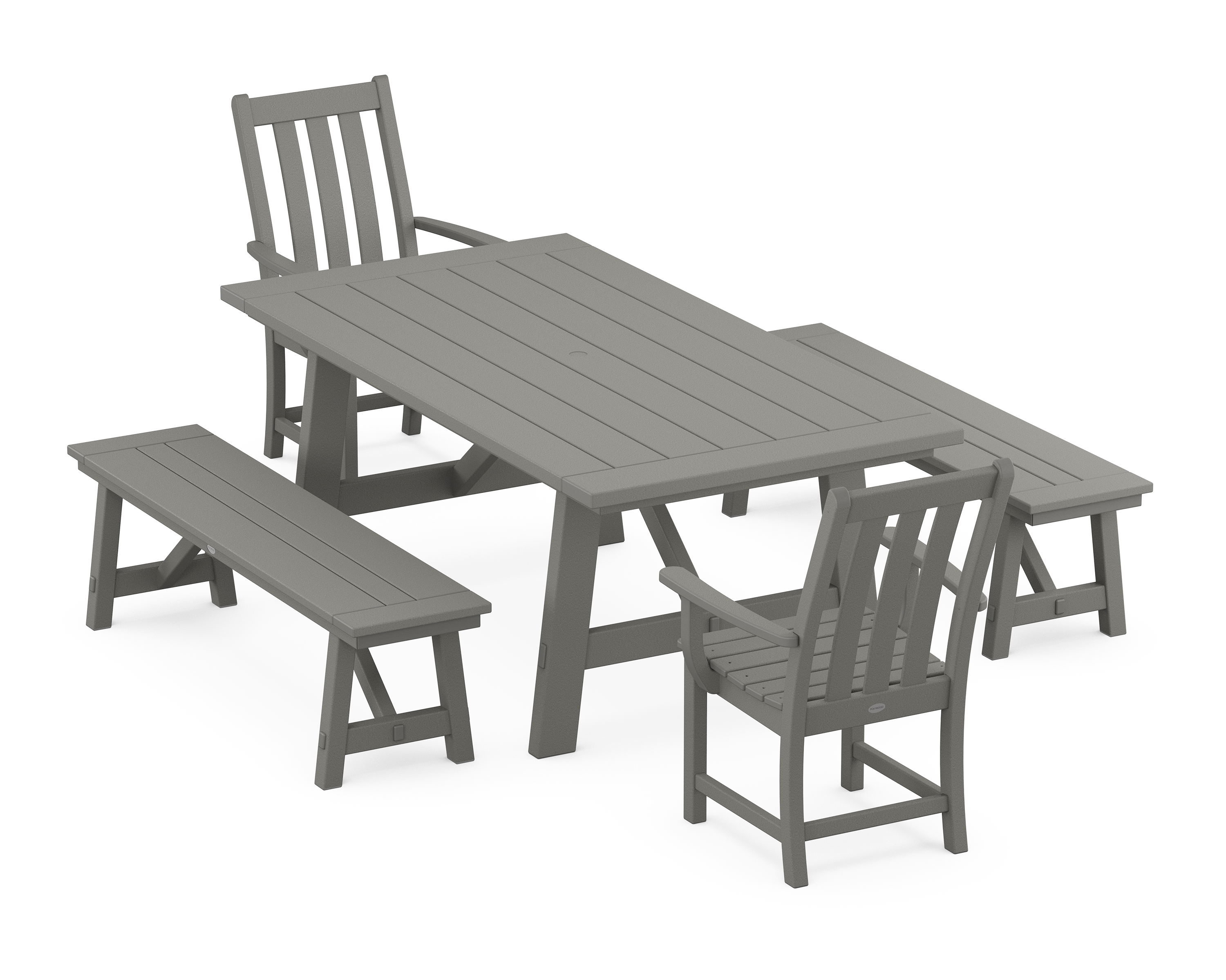 POLYWOOD Vineyard 5-Piece Rustic Farmhouse Dining Set With Benches