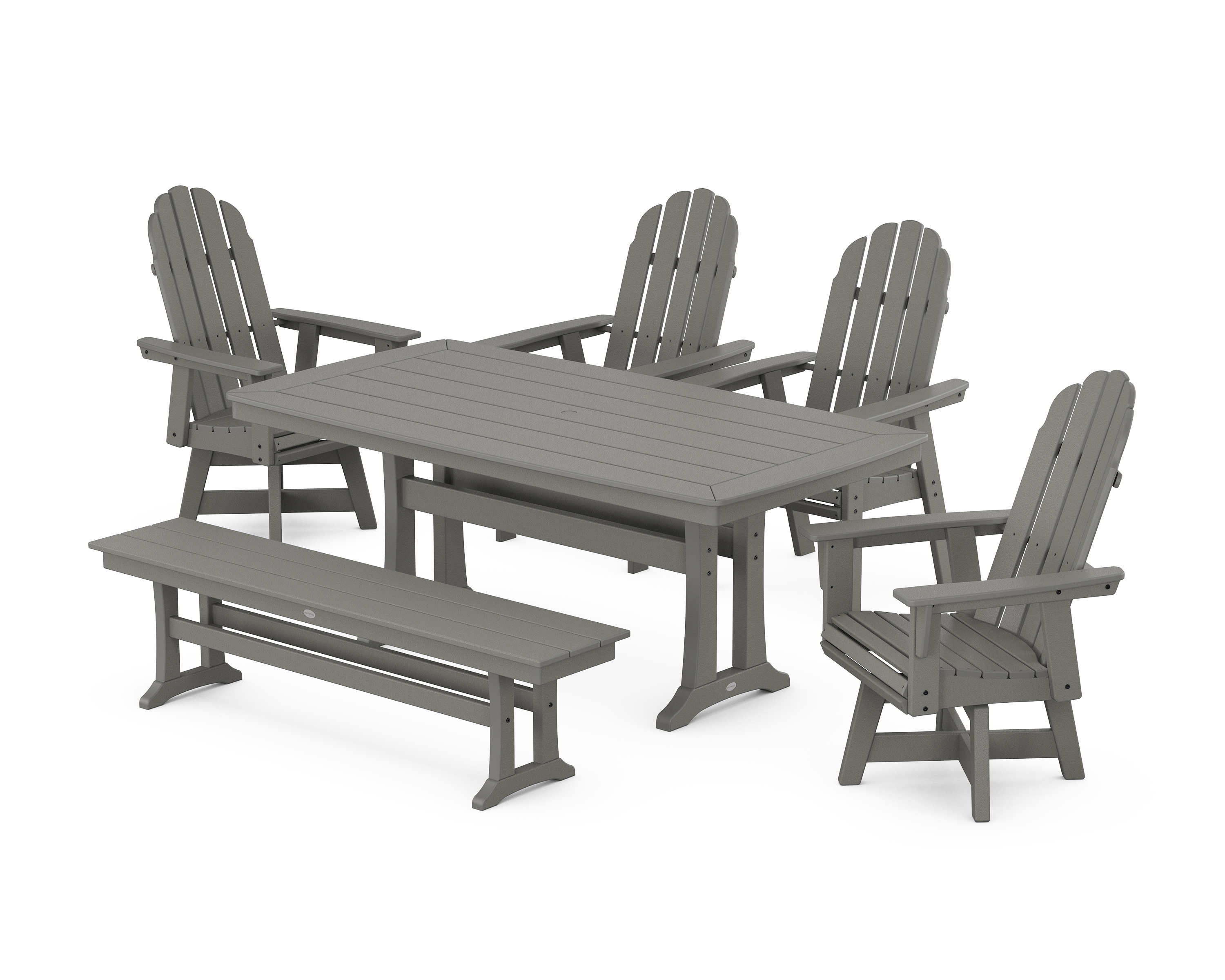 POLYWOOD Vineyard Curveback Adirondack Swivel Chair 6-Piece Dining Set with Trestle Legs and Bench