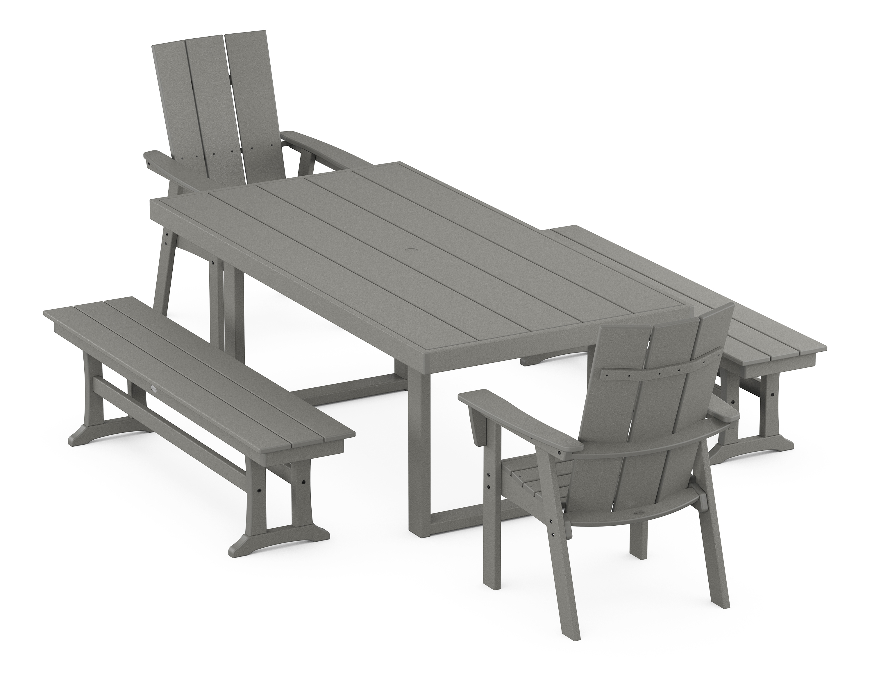 POLYWOOD Modern Curveback Adirondack 5-Piece Dining Set with Benches