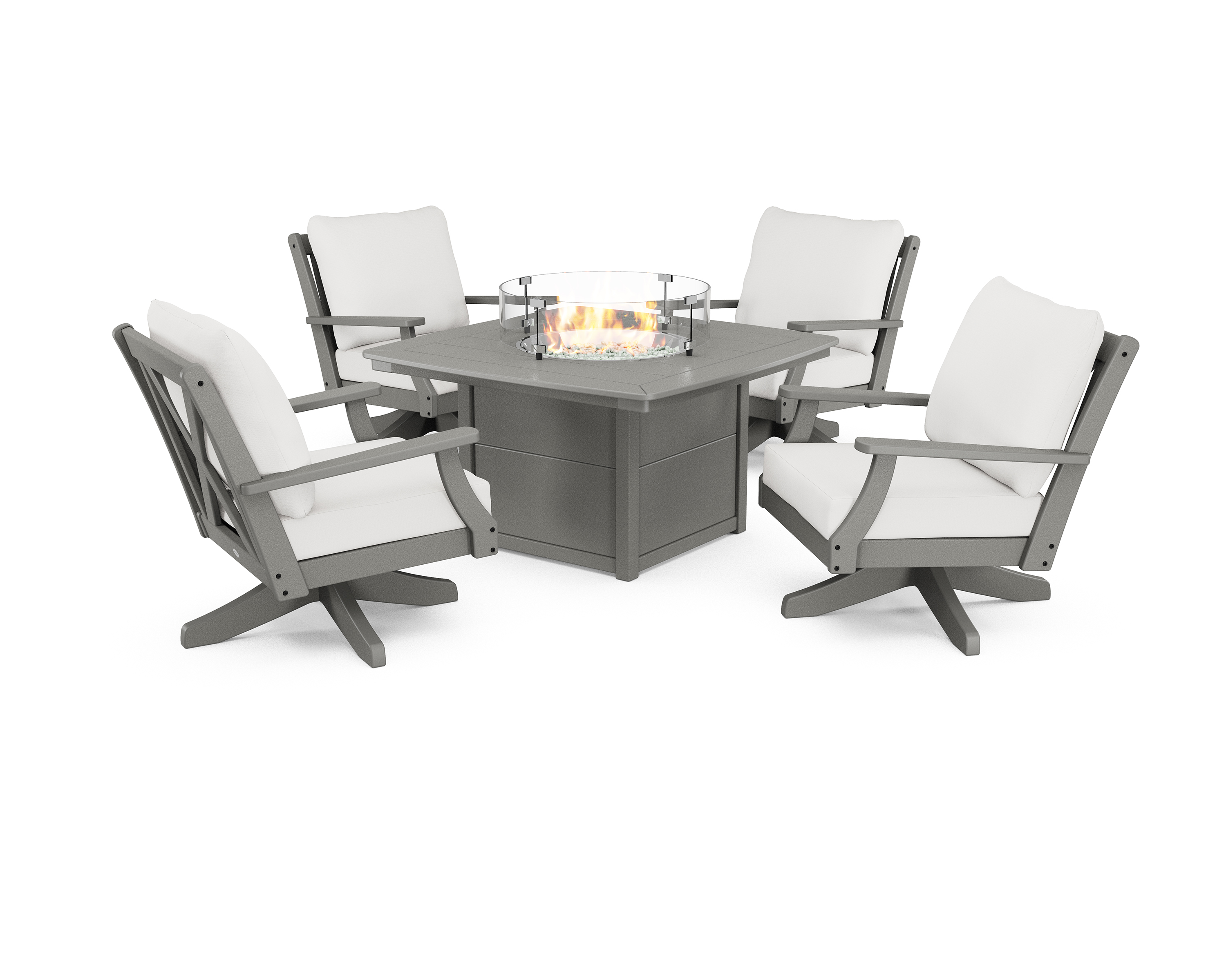 POLYWOOD Braxton 5-Piece Deep Seating Swivel Conversation Set with Fire Pit Table