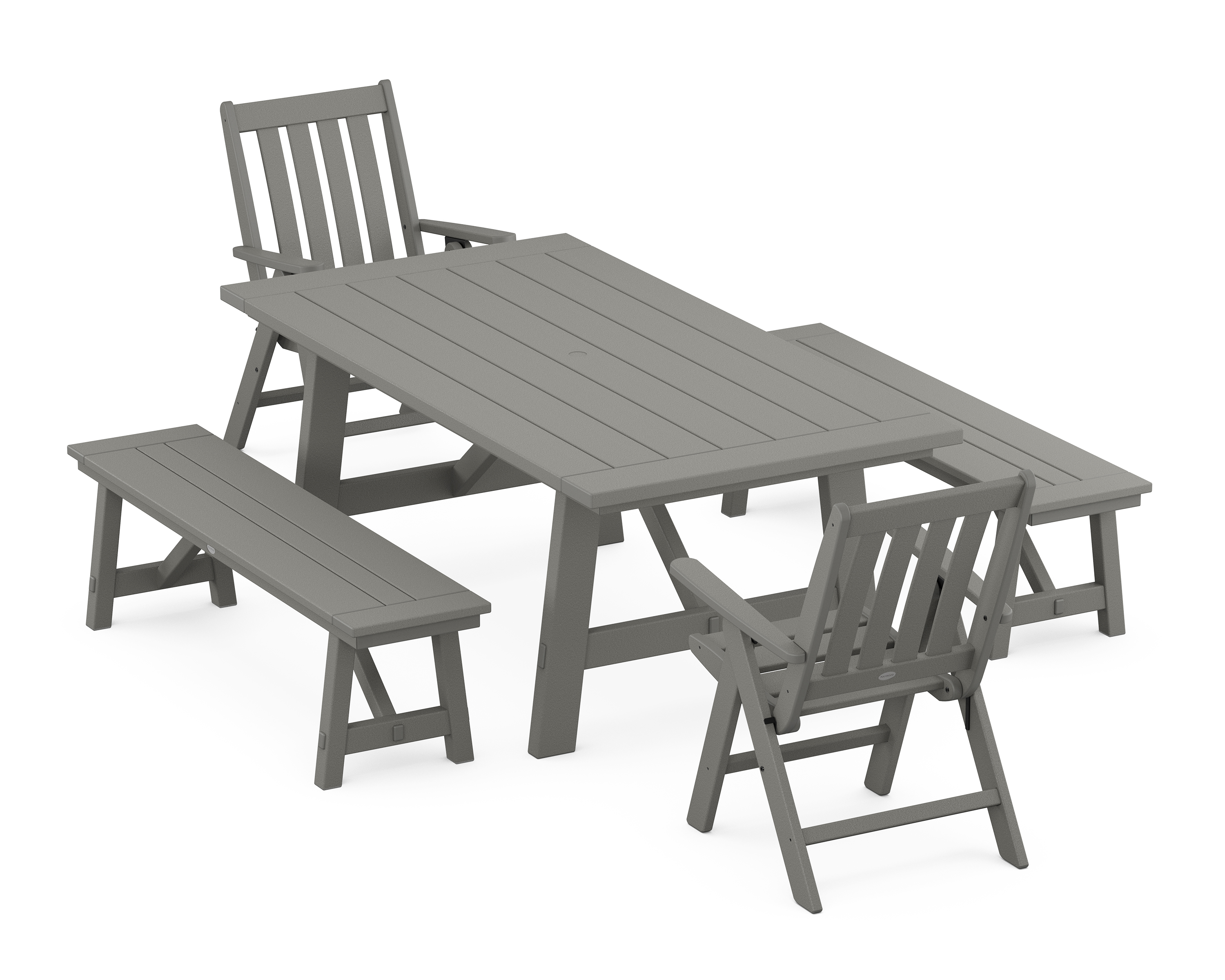 POLYWOOD Vineyard Folding Chair 5-Piece Rustic Farmhouse Dining Set With Benches