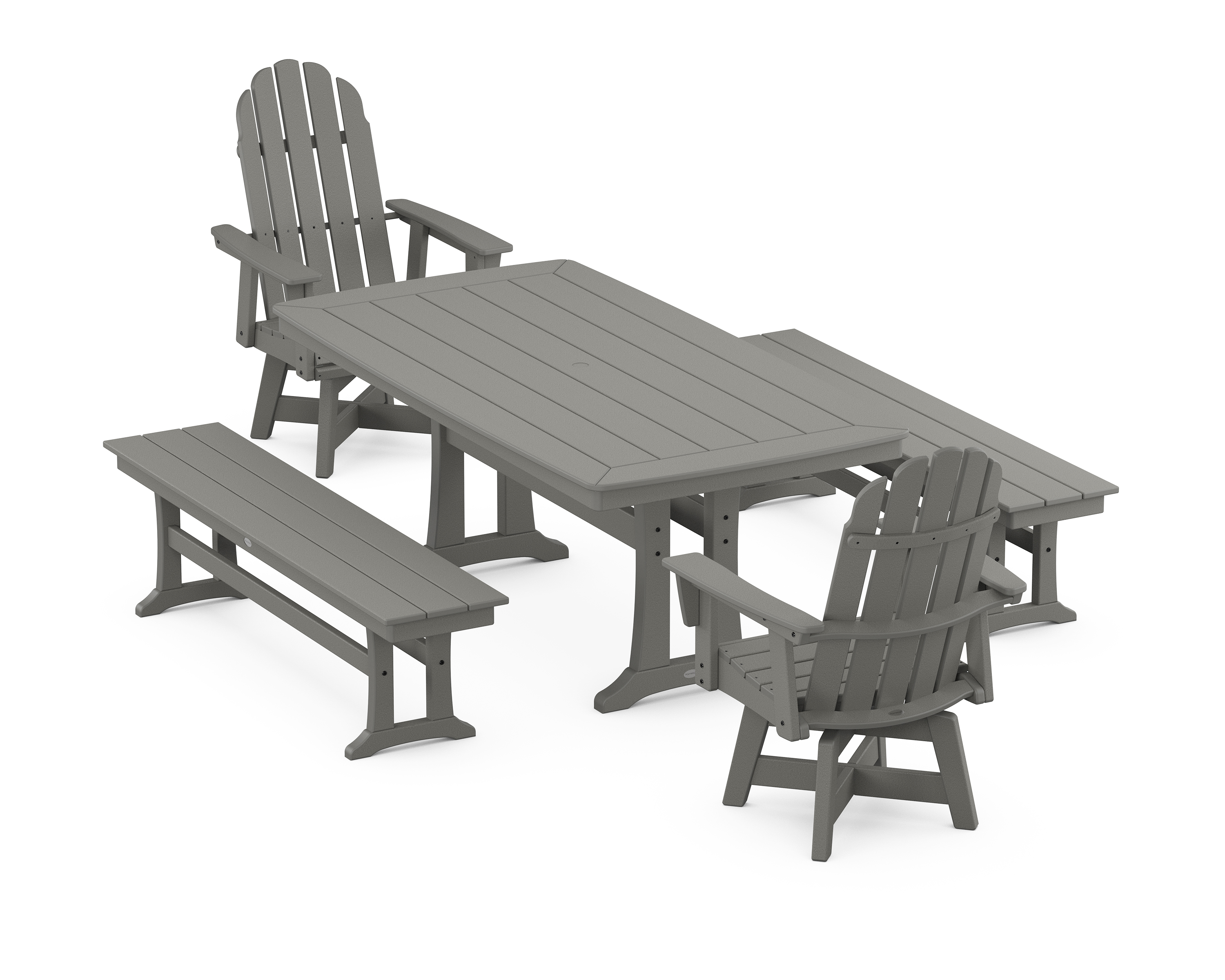 POLYWOOD Vineyard Adirondack Swivel Chair 5-Piece Dining Set with Trestle Legs and Benches