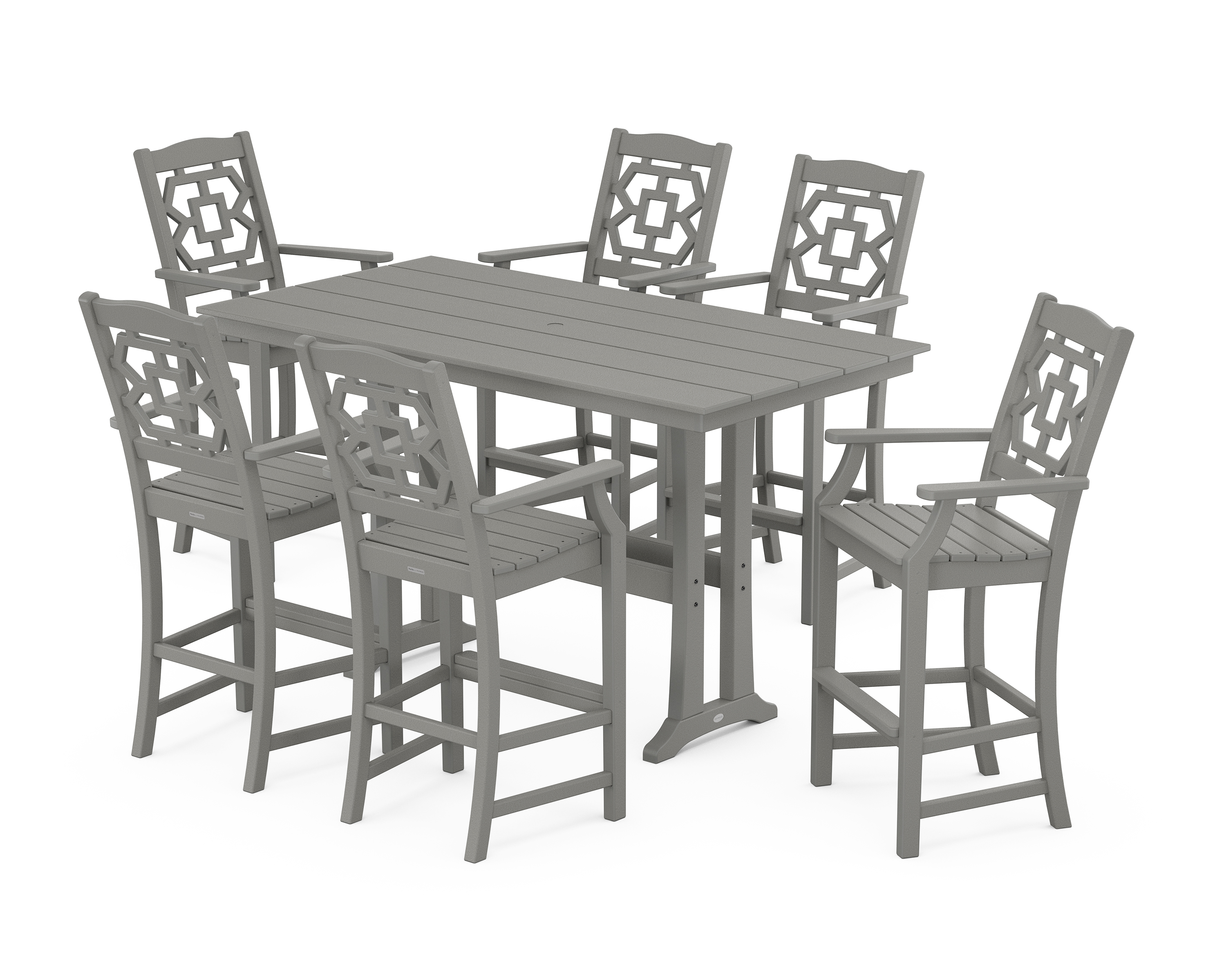 POLYWOOD Chinoiserie Arm Chair 7-Piece Farmhouse Bar Set with Trestle Legs
