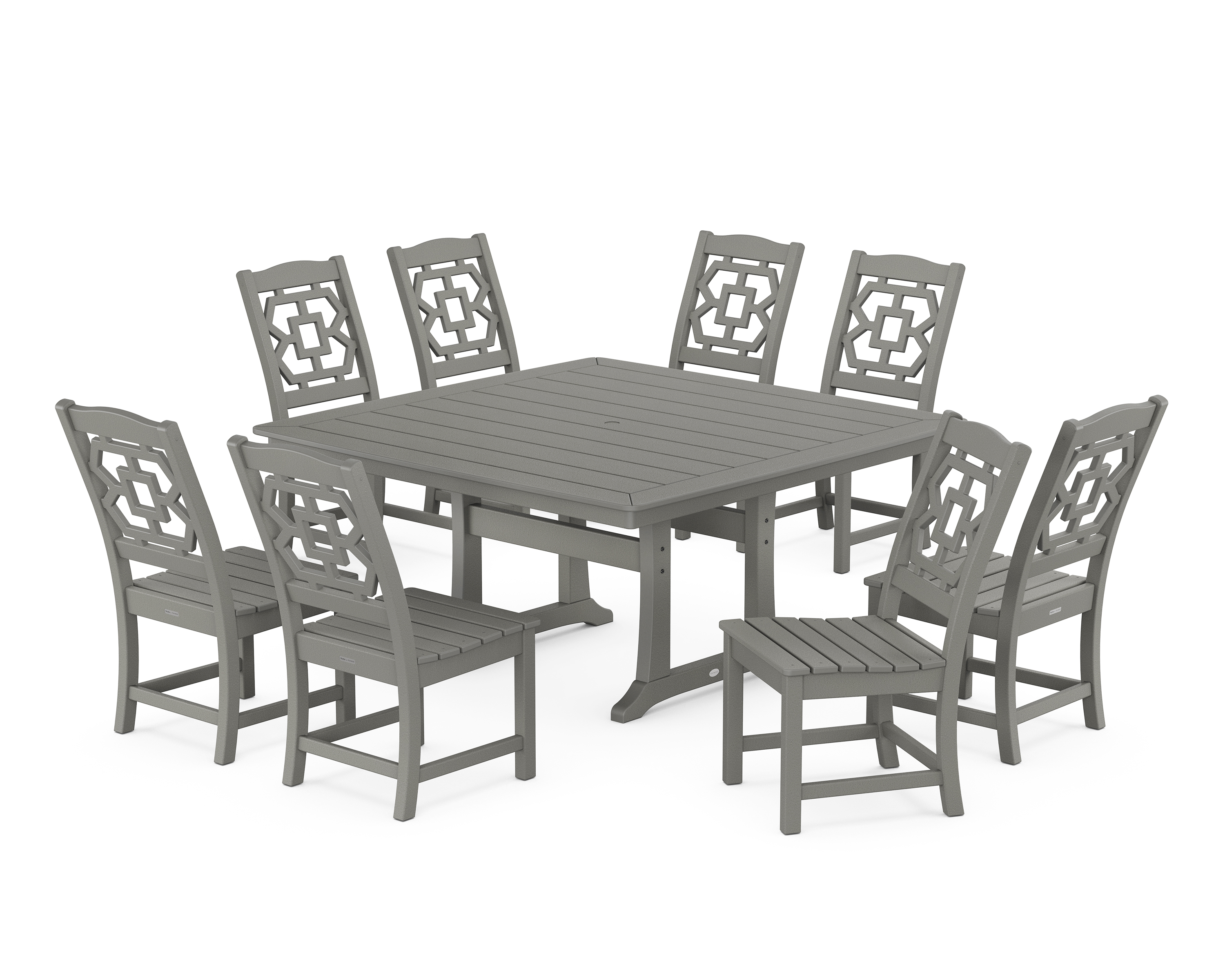 POLYWOOD Chinoiserie 9-Piece Square Side Chair Dining Set with Trestle Legs