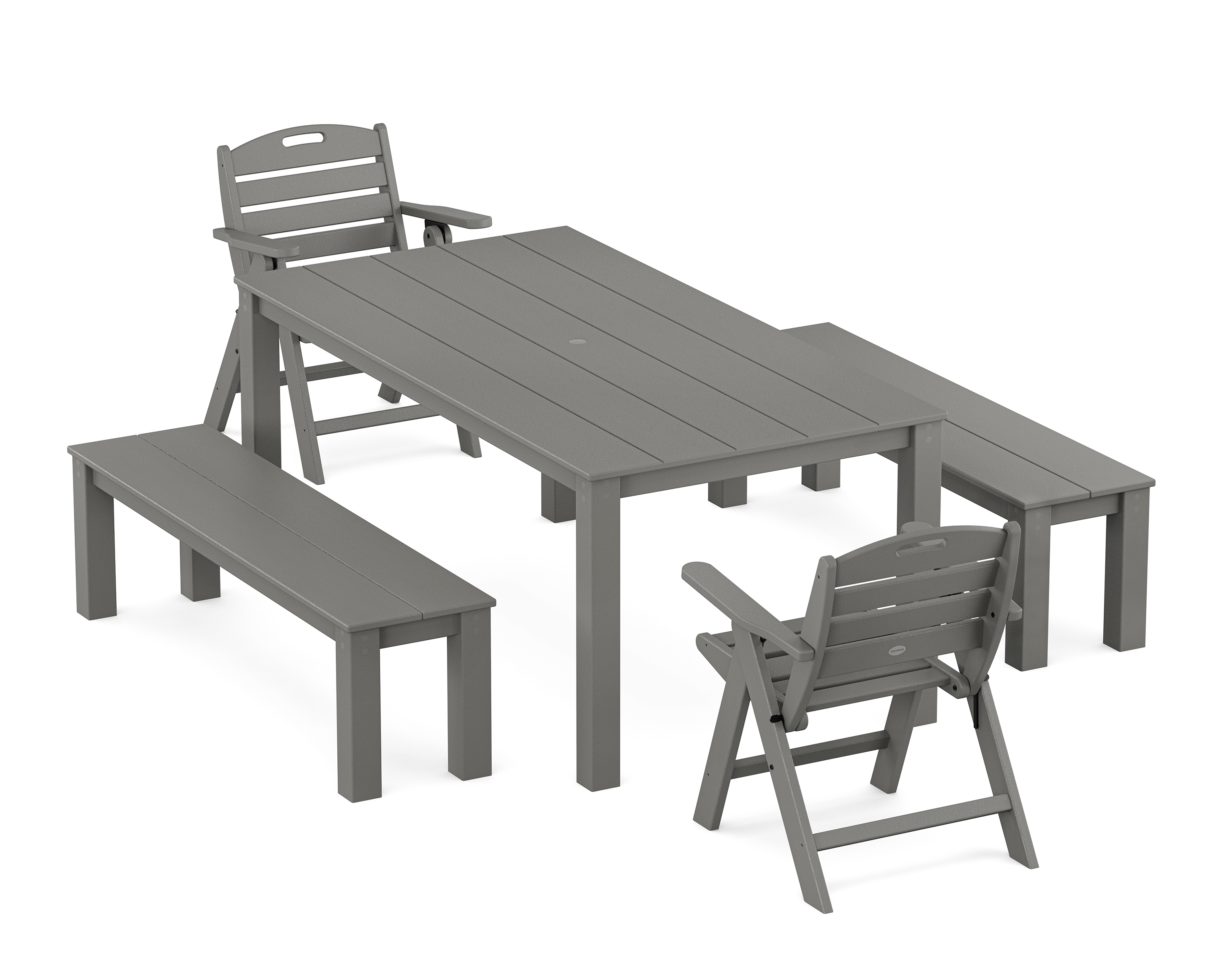 POLYWOOD Nautical Folding Lowback Chair 5-Piece Parsons Dining Set with Benches