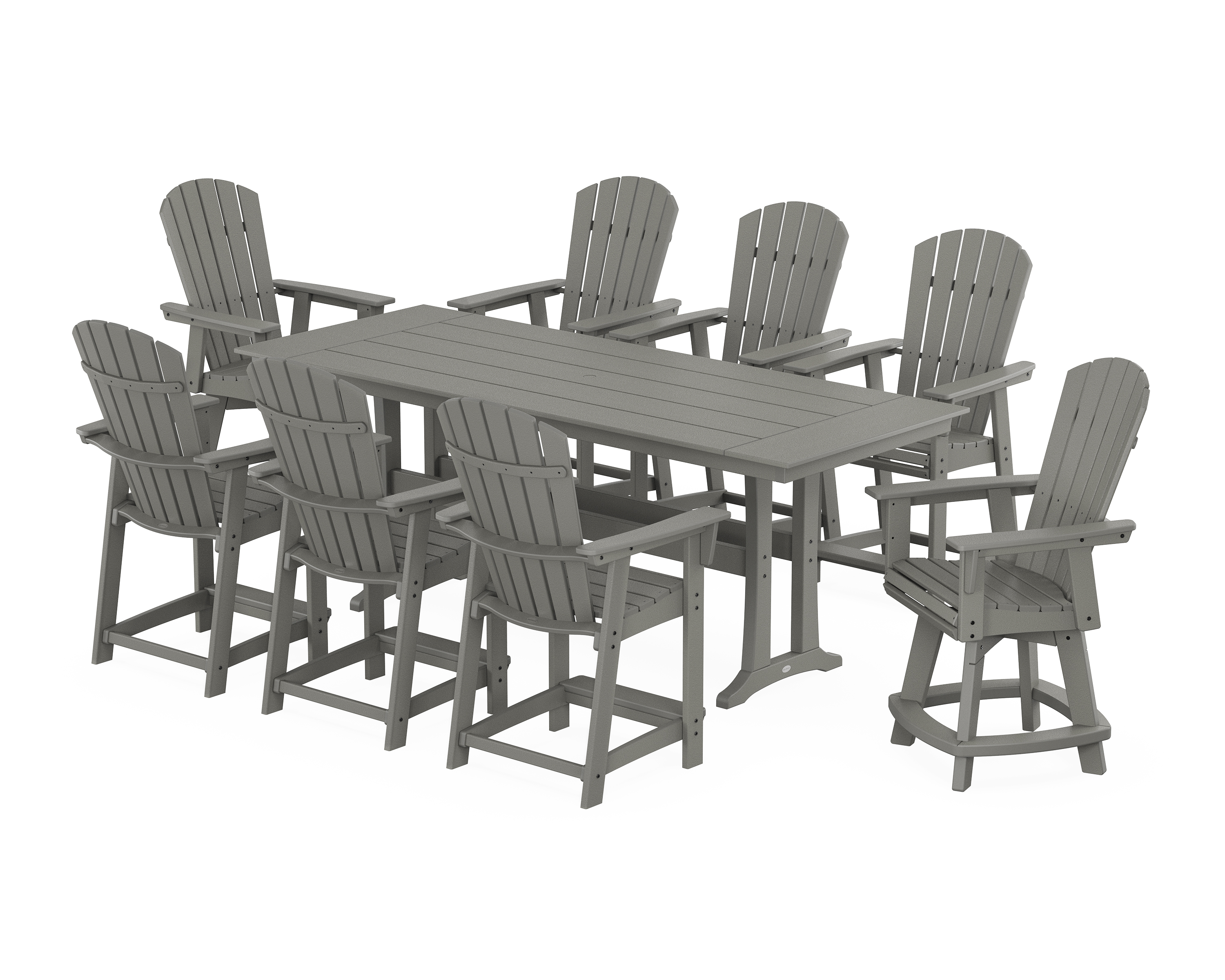 POLYWOOD Nautical Curveback Adirondack Swivel Chair 9-Piece Farmhouse Counter Set with Trestle Legs