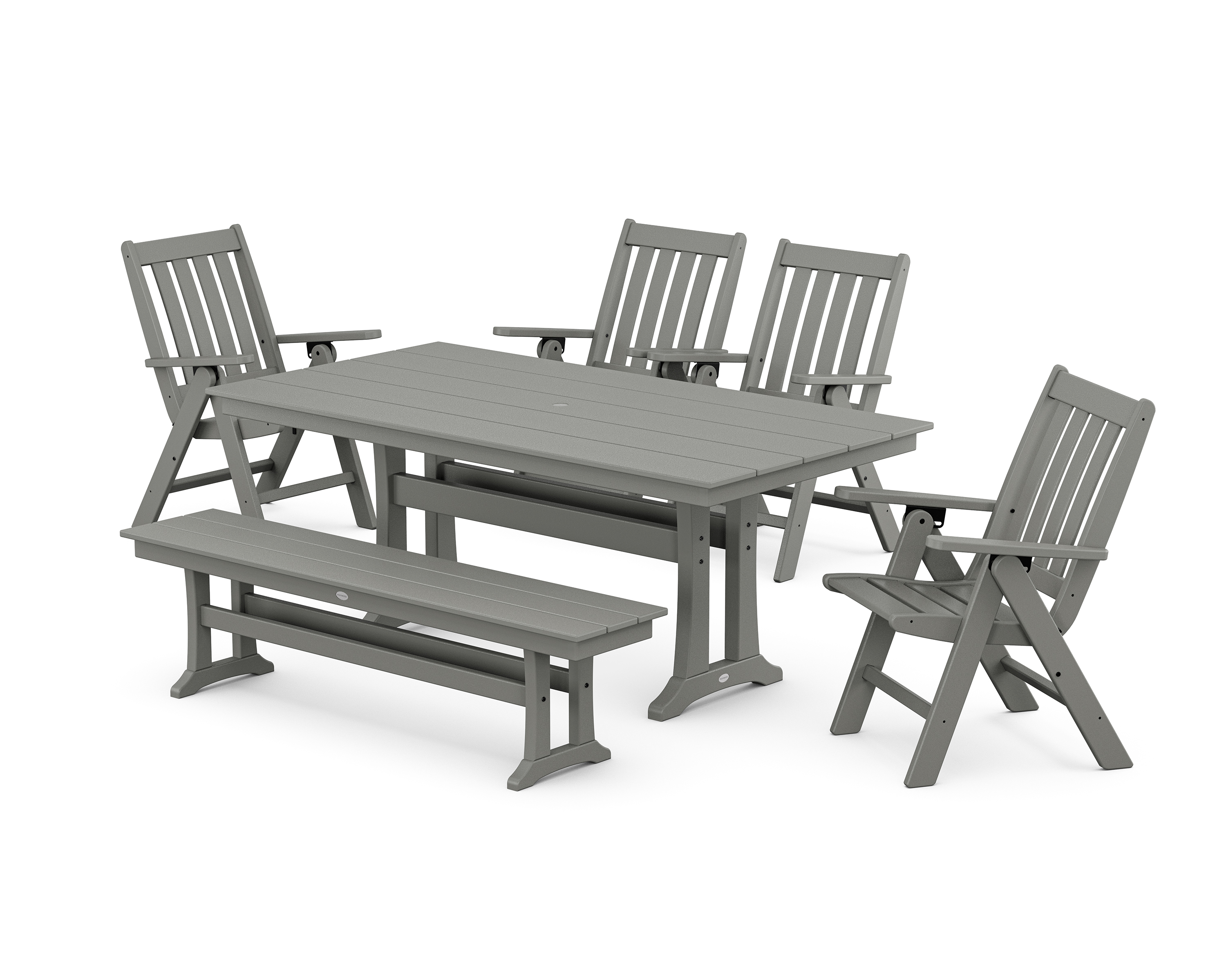 POLYWOOD Vineyard 6-Piece Folding Chair Farmhouse Dining Set with Trestle Legs and Bench