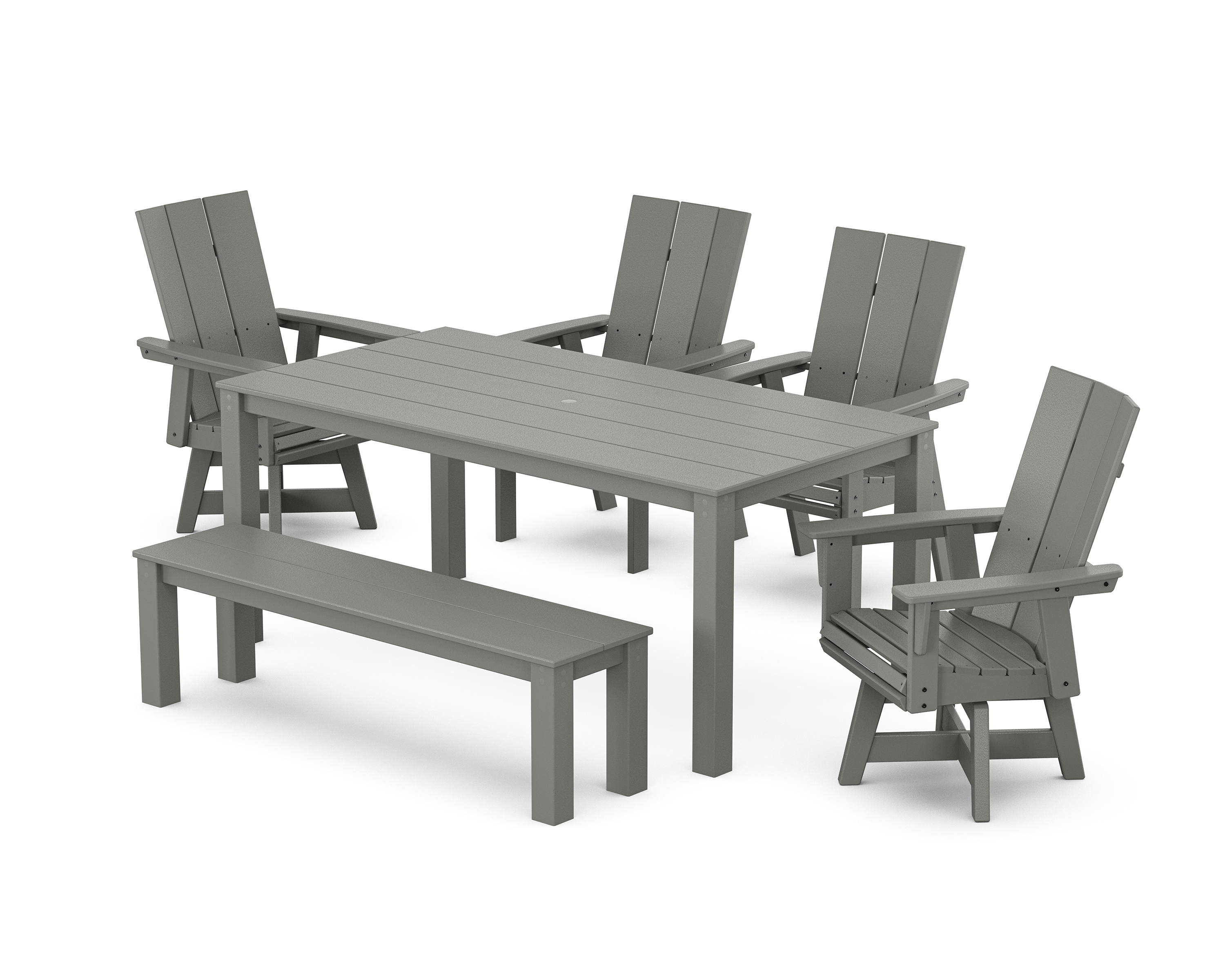 POLYWOOD Modern Curveback Adirondack 6-Piece Parsons Swivel Dining Set with Bench