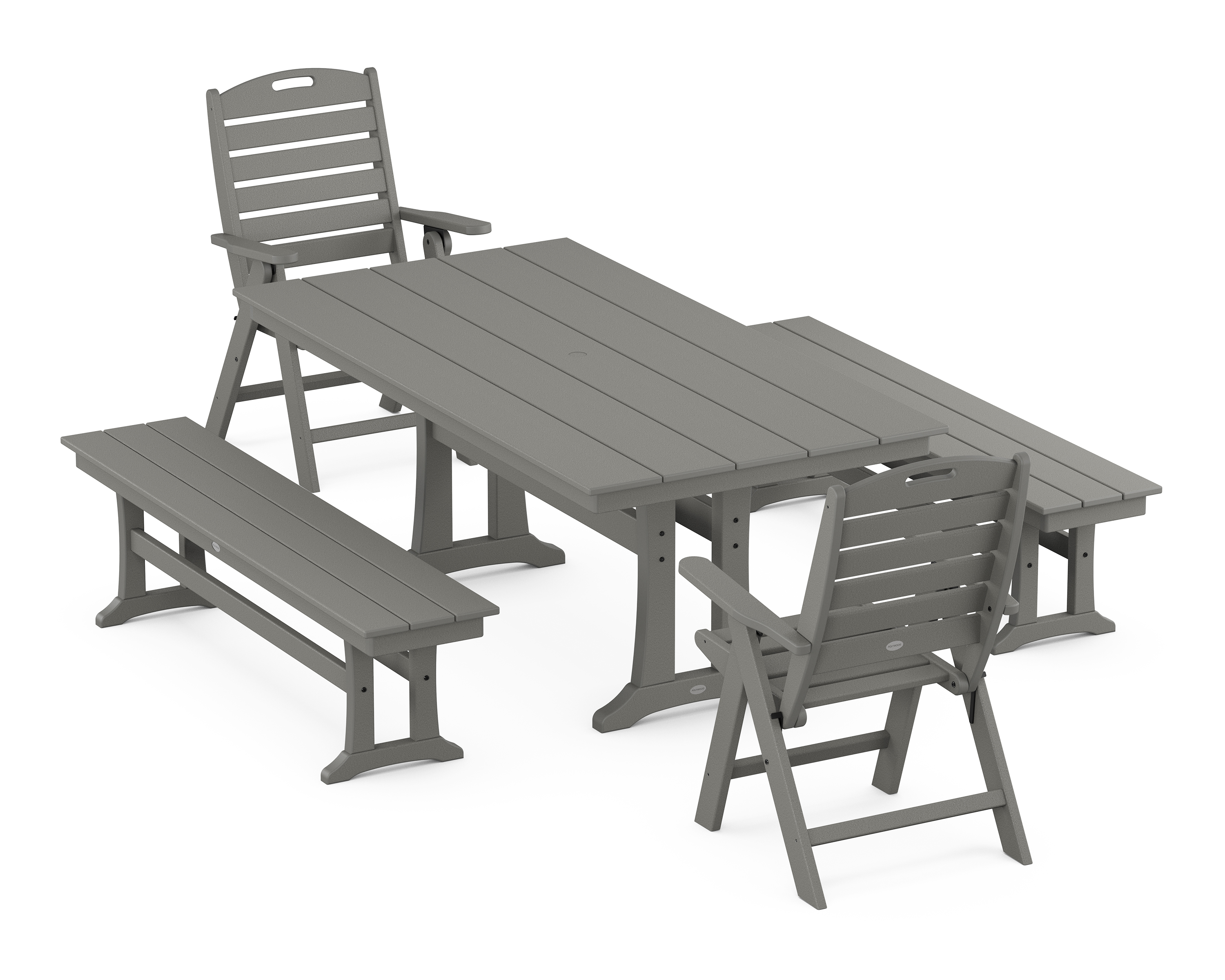 POLYWOOD Nautical Folding Highback Chair 5-Piece Farmhouse Dining Set With Trestle Legs and Benches