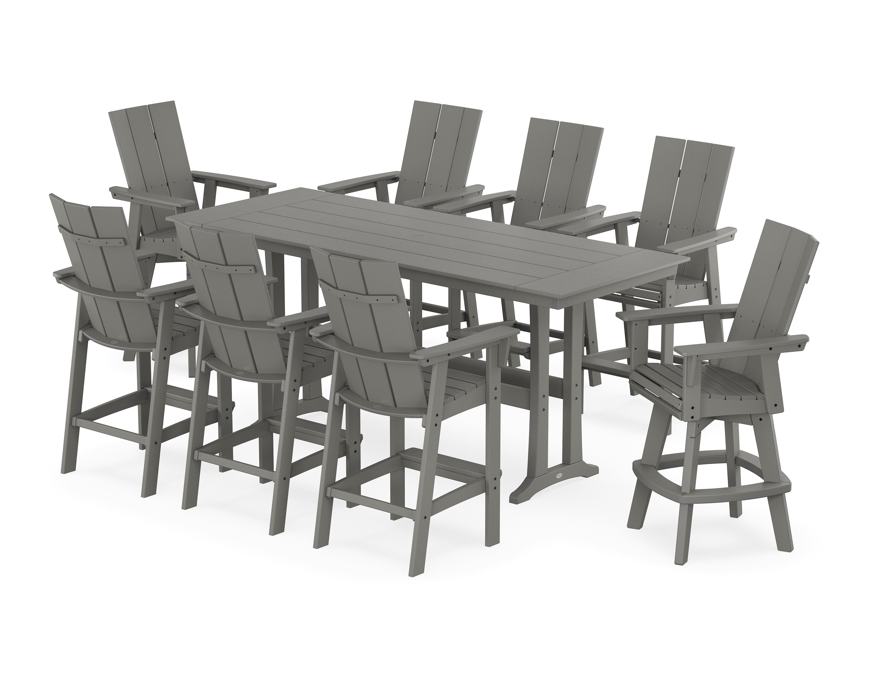 POLYWOOD Modern Curveback Adirondack Swivel 9-Piece Farmhouse Bar Set with Trestle Legs