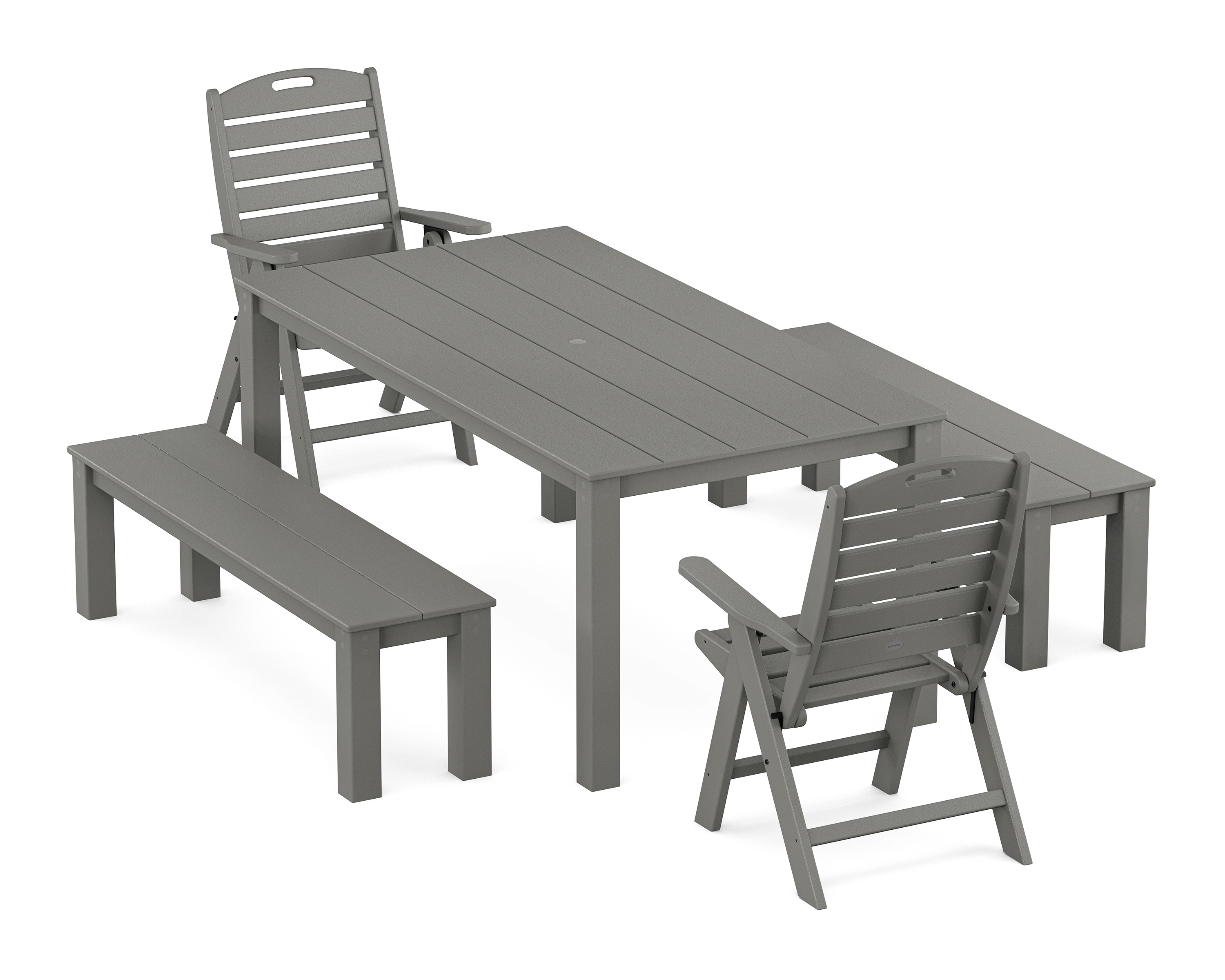 POLYWOOD Nautical Folding Highback Chair 5-Piece Parsons Dining Set with Benches