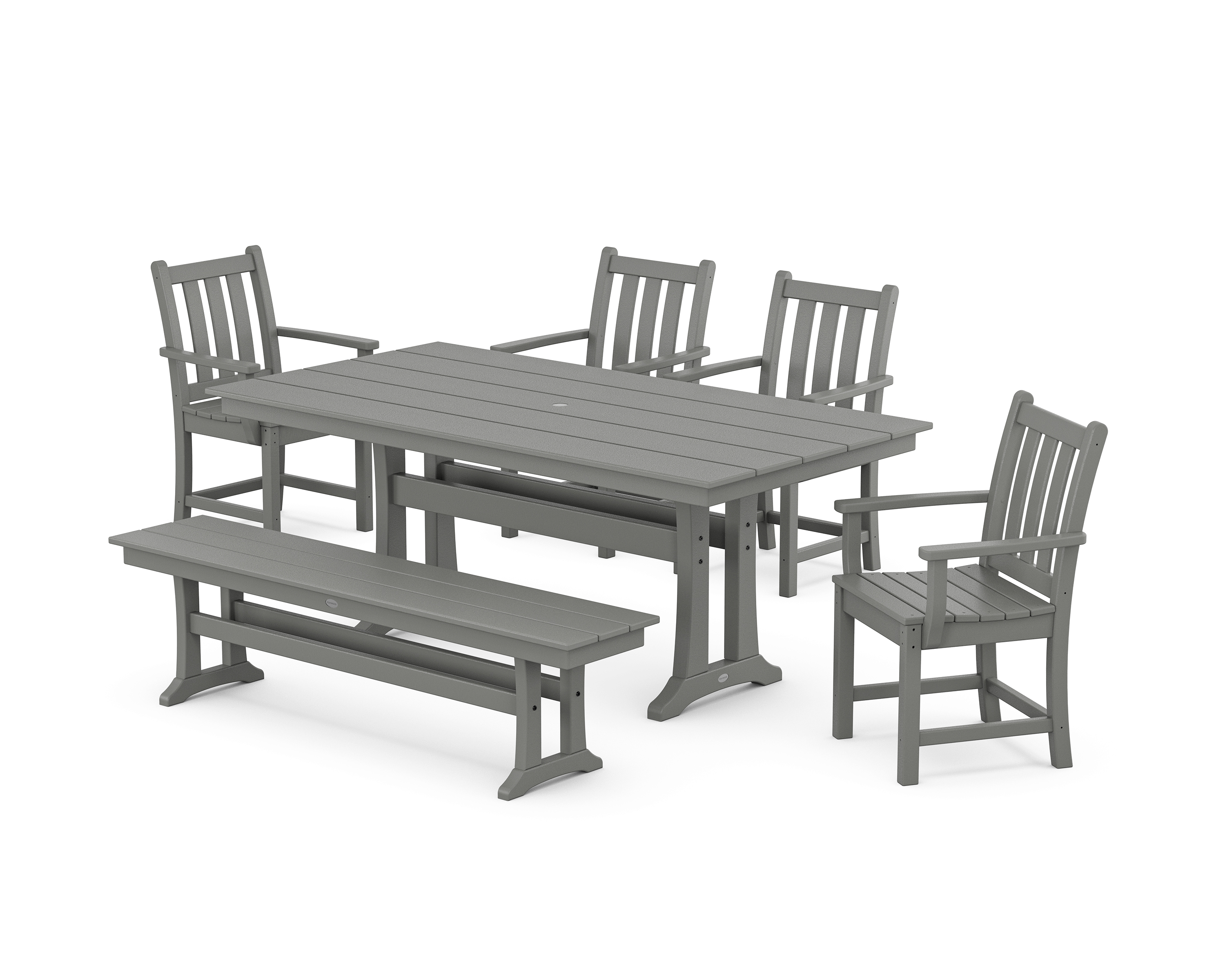POLYWOOD Traditional Garden Arm Chair 6-Piece Farmhouse Dining Set with Trestle Legs and Bench