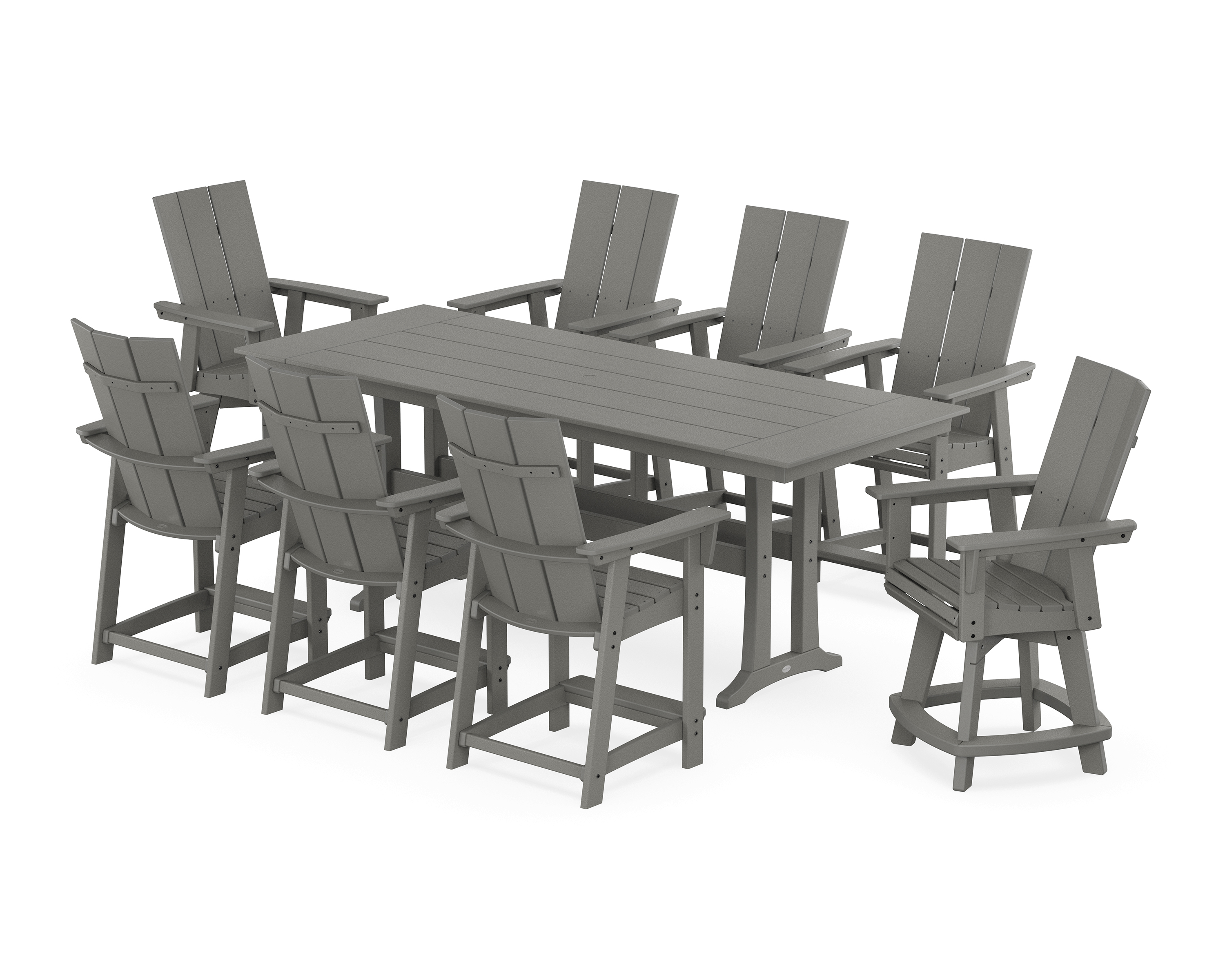 POLYWOOD Modern Curveback Adirondack Swivel 9-Piece Farmhouse Counter Set with Trestle Legs