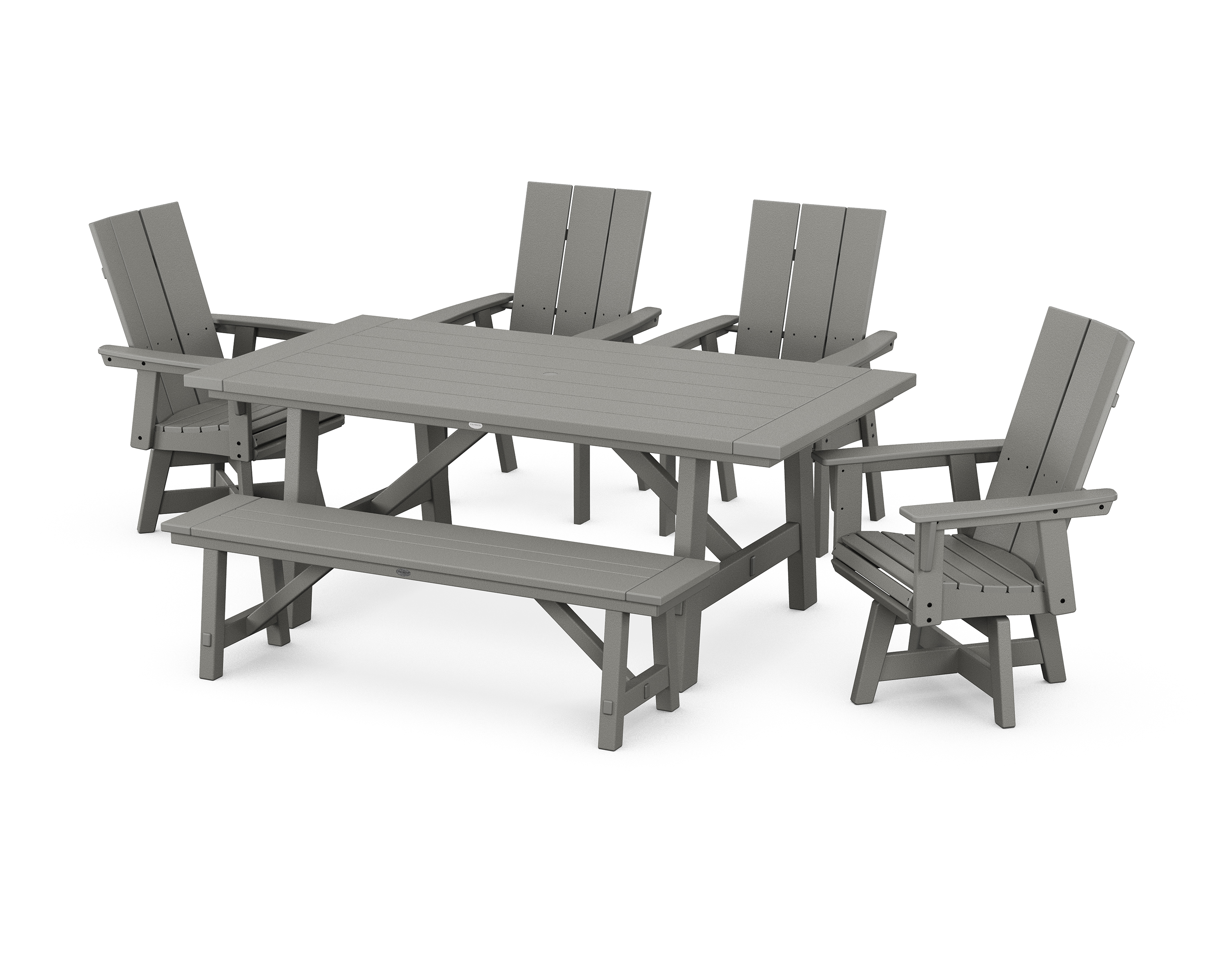 POLYWOOD Modern Curveback Adirondack Swivel Chair 6-Piece Rustic Farmhouse Dining Set with Bench