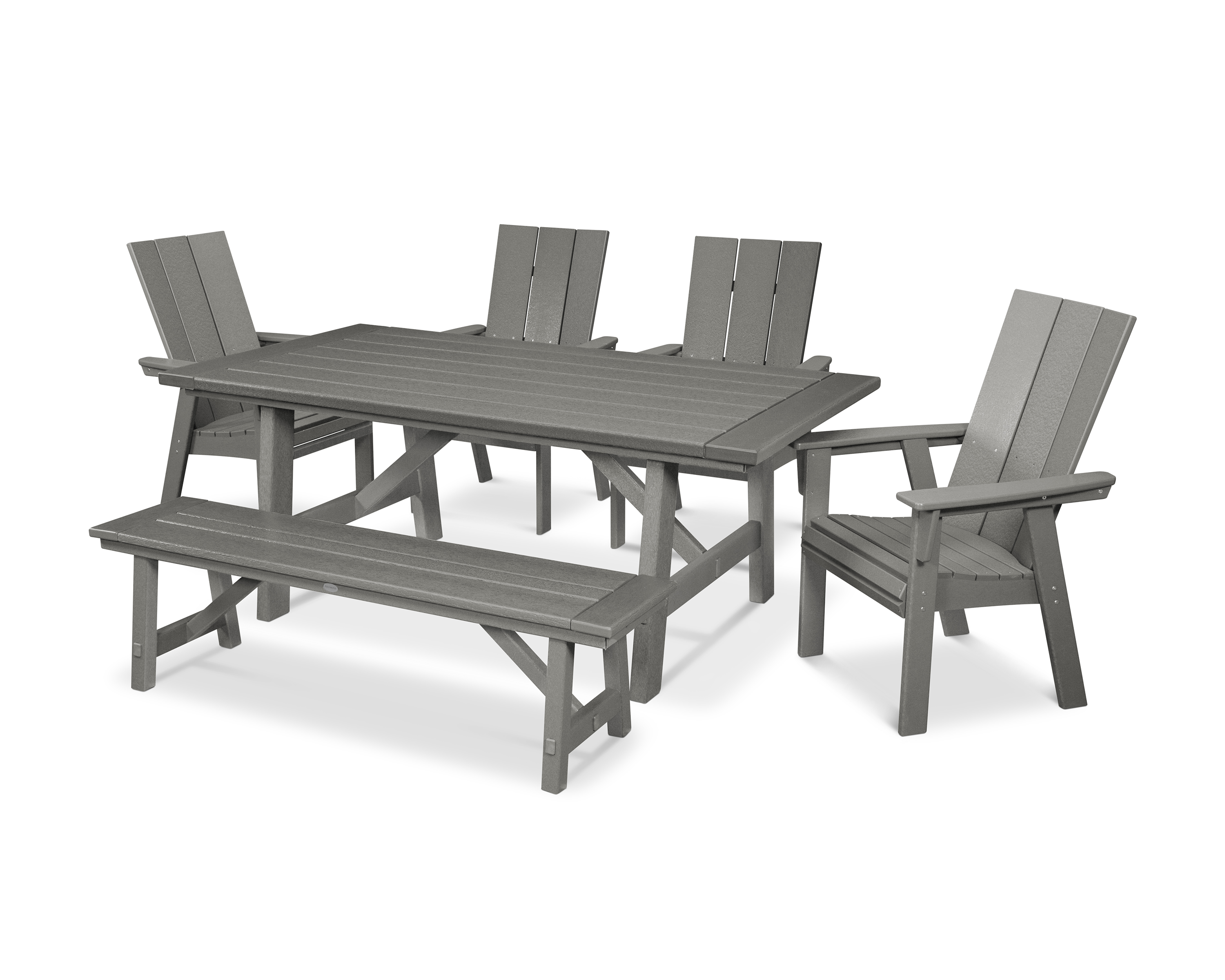 POLYWOOD Modern Curveback Adirondack 6-Piece Rustic Farmhouse Dining Set with Bench