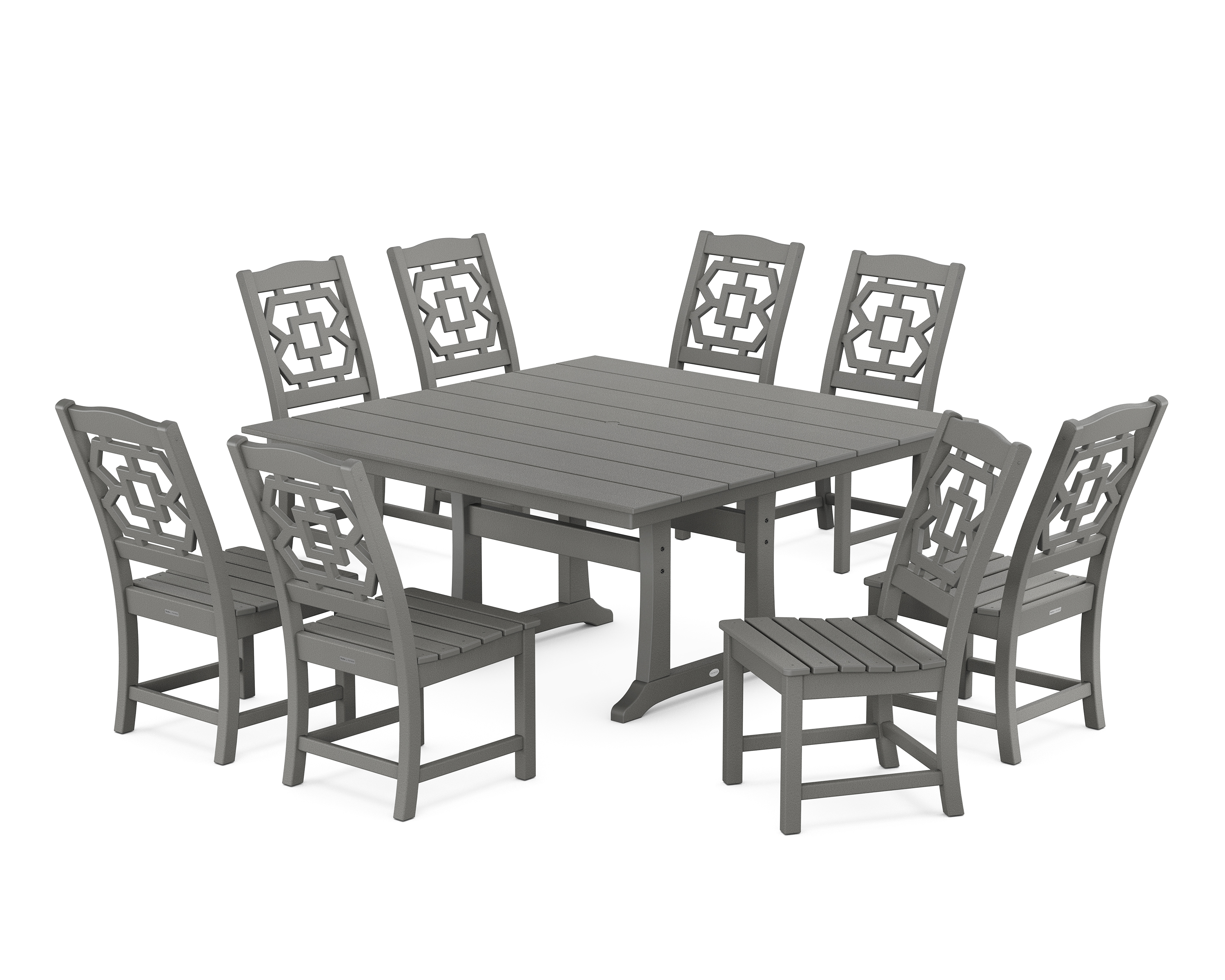 POLYWOOD Chinoiserie 9-Piece Square Farmhouse Side Chair Dining Set with Trestle Legs