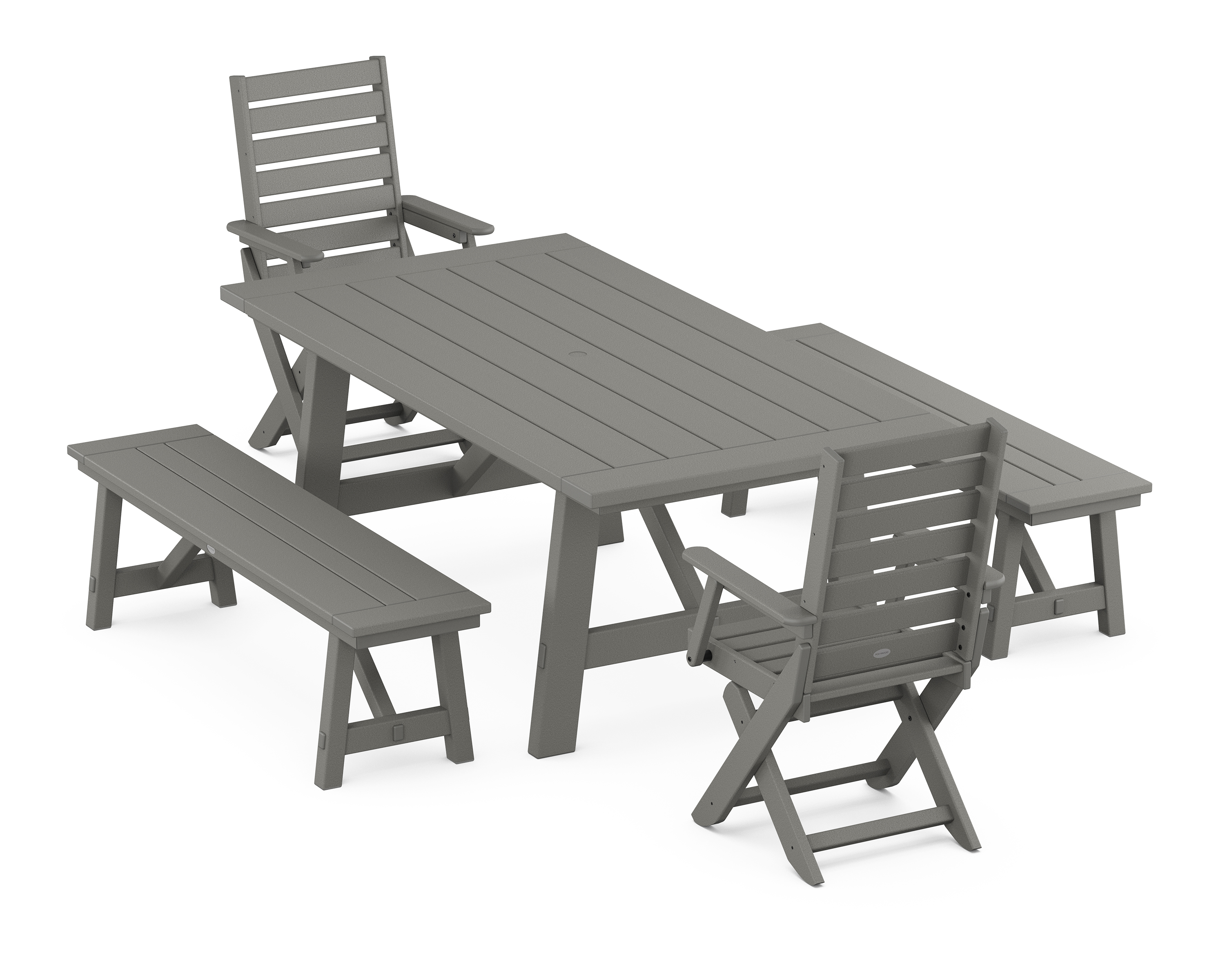 POLYWOOD Captain Folding Chair 5-Piece Rustic Farmhouse Dining Set With Benches