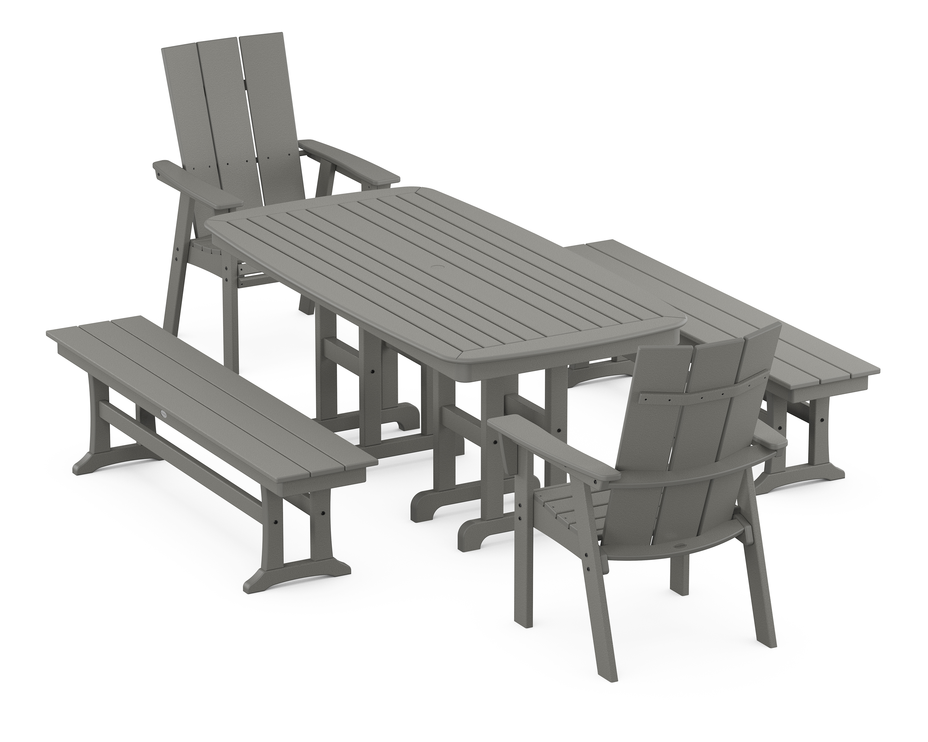 POLYWOOD Modern Curveback Adirondack 5-Piece Dining Set with Benches