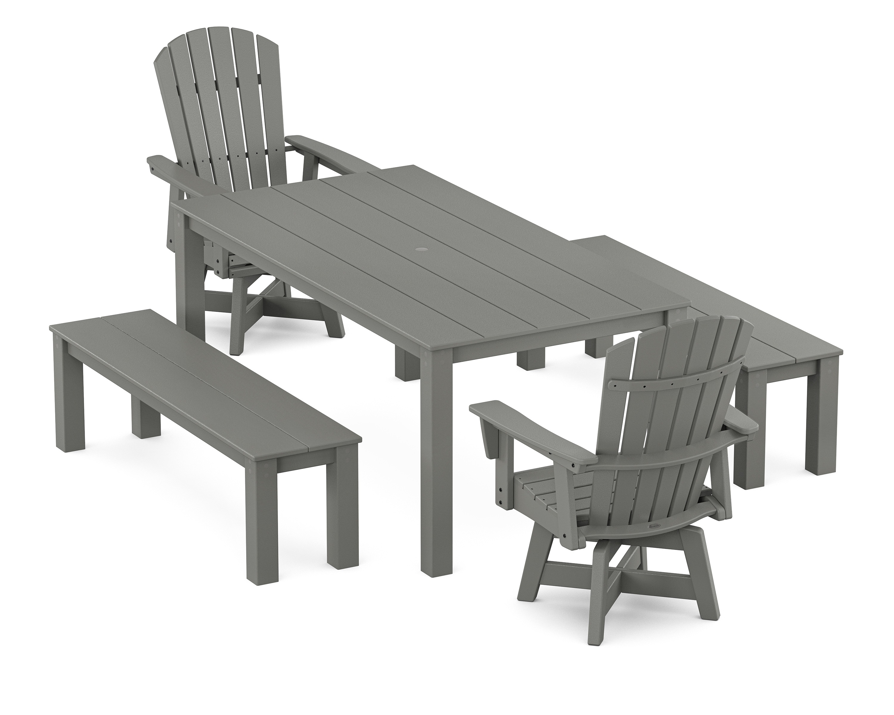POLYWOOD Nautical Curveback Adirondack Swivel 5-Piece Parsons Dining Set with Benches