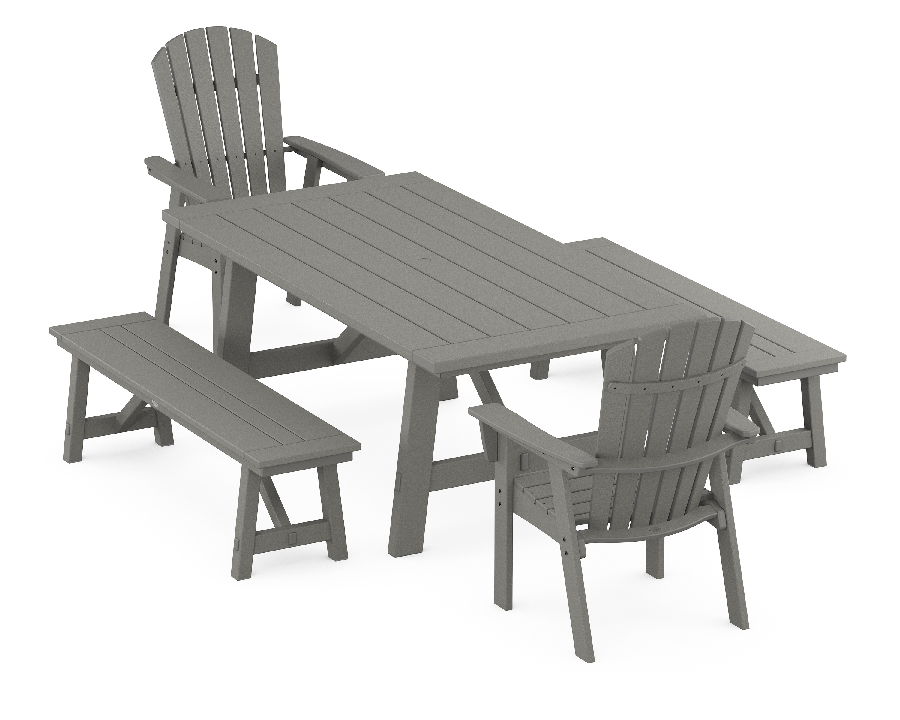 POLYWOOD Nautical Curveback Adirondack 5-Piece Rustic Farmhouse Dining Set With Benches