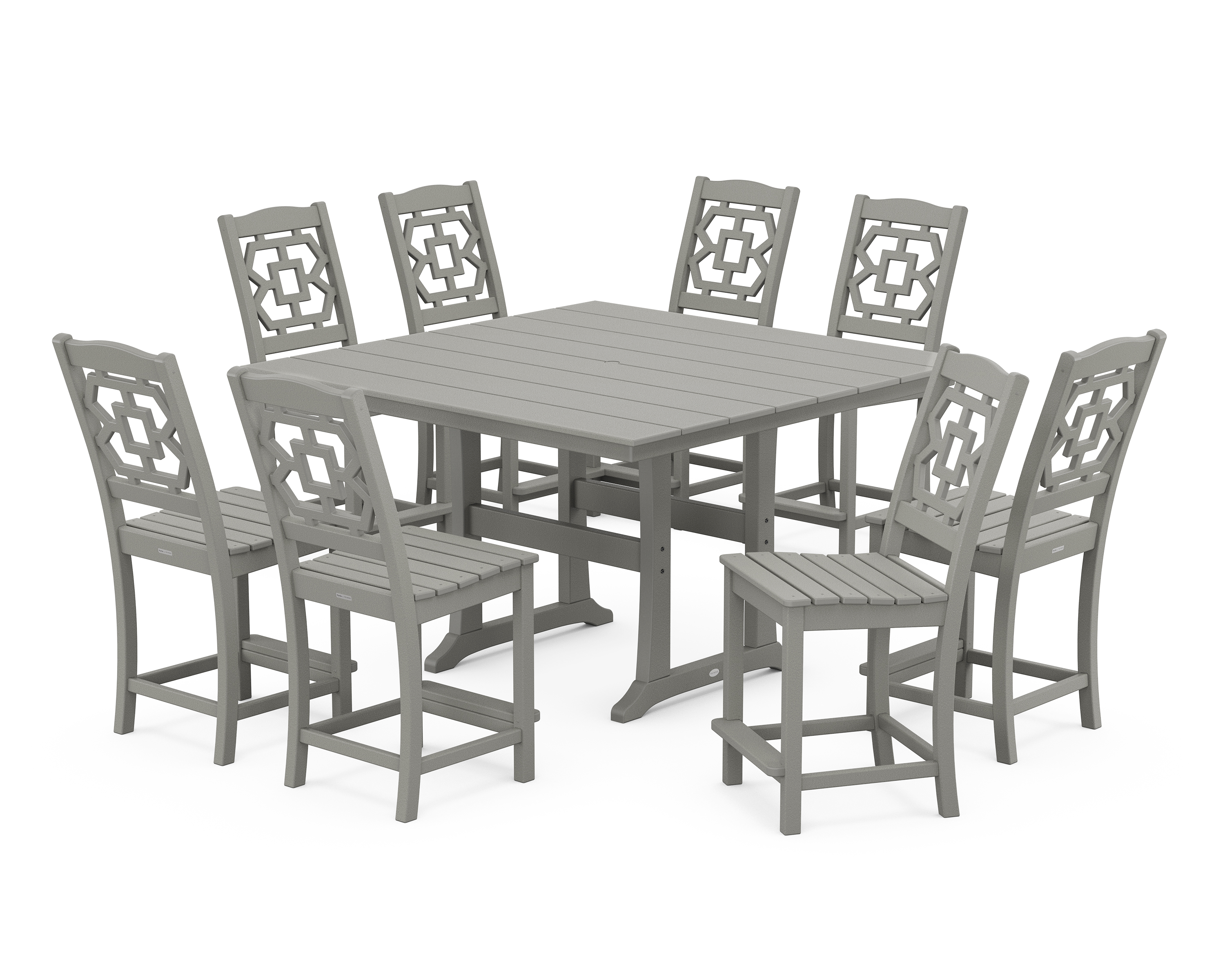POLYWOOD Chinoiserie 9-Piece Square Farmhouse Side Chair Counter Set with Trestle Legs