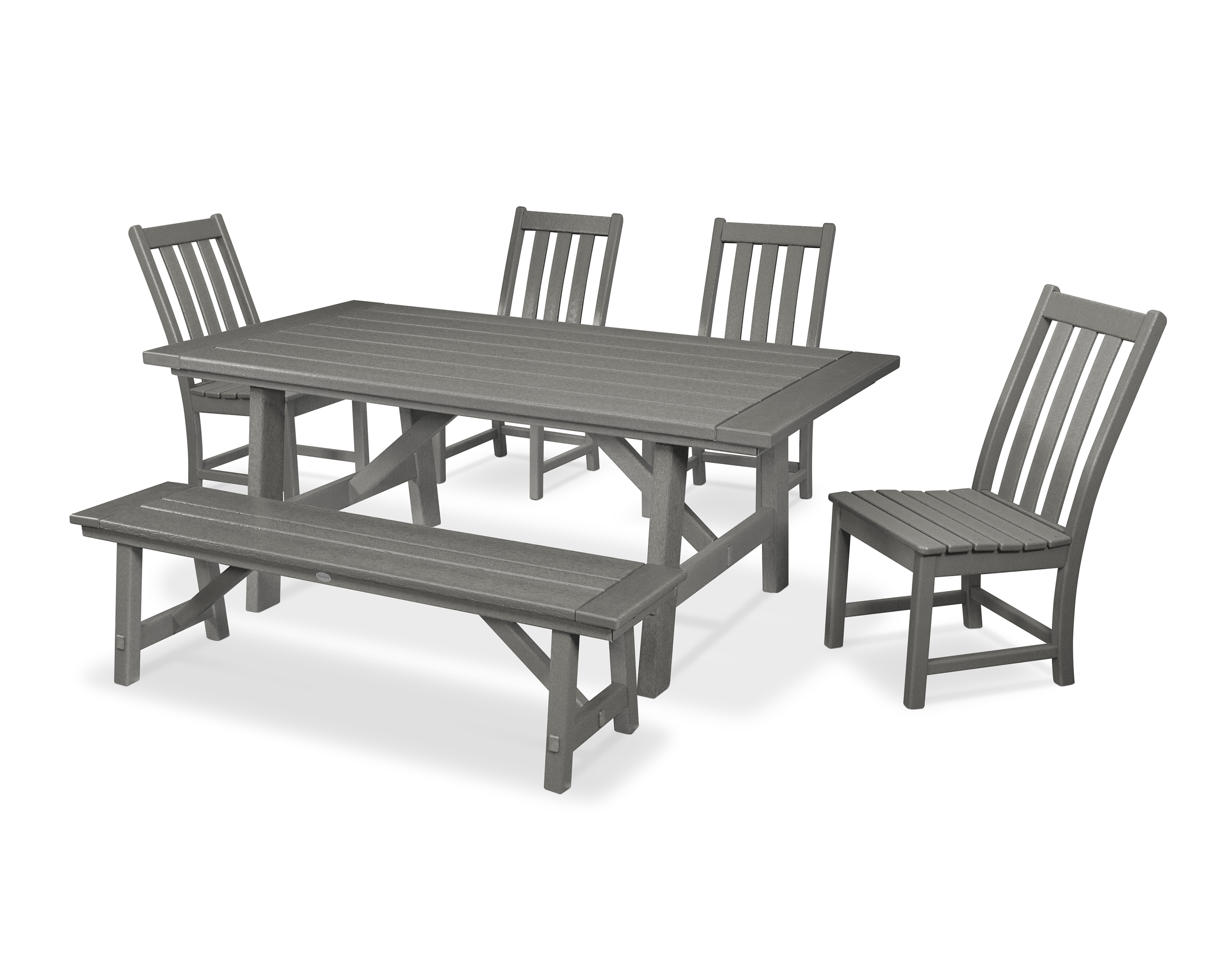 POLYWOOD Vineyard 6-Piece Rustic Farmhouse Side Chair Dining Set with Bench