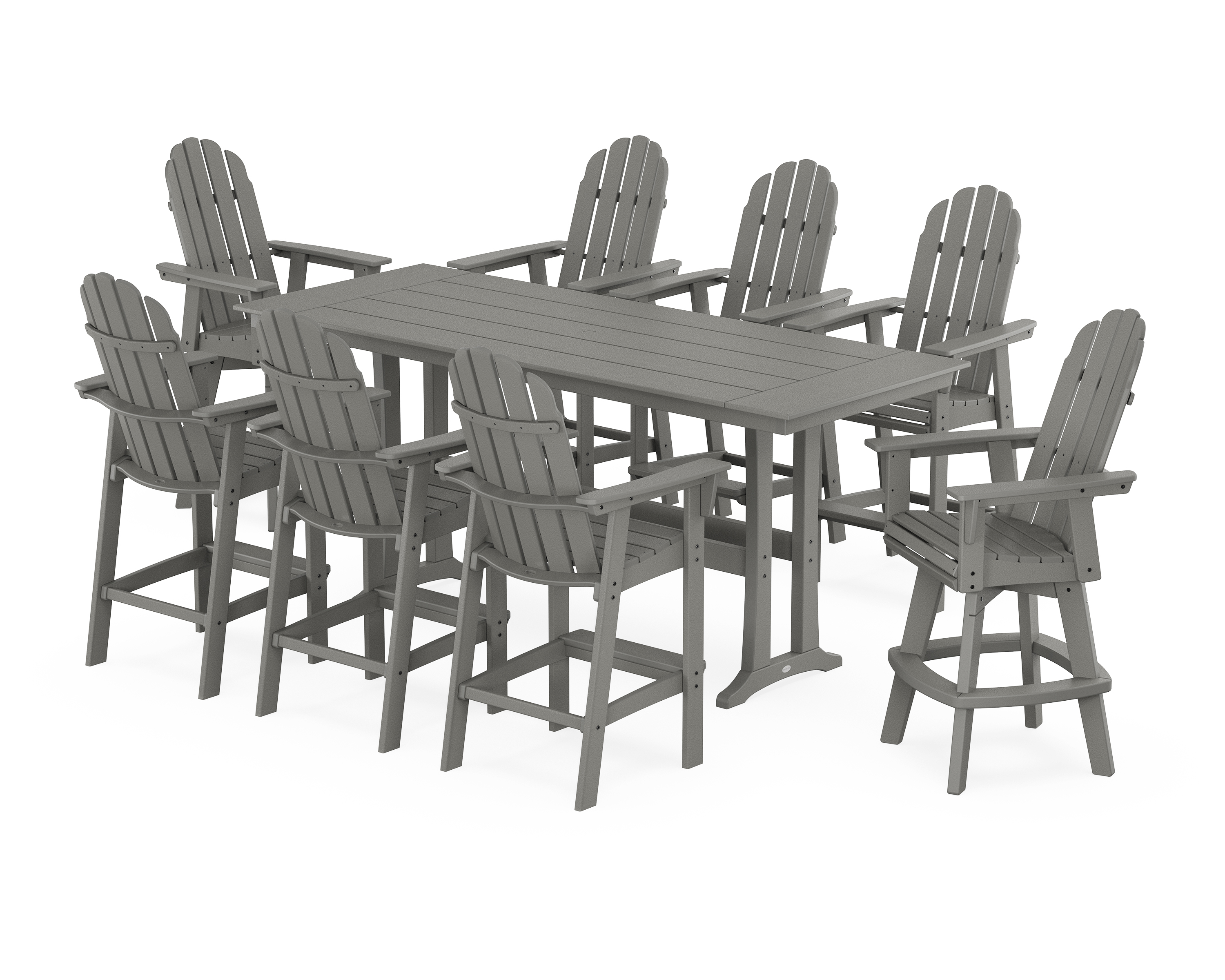 POLYWOOD Vineyard Curveback Adirondack Swivel 9-Piece Farmhouse Bar Set with Trestle Legs