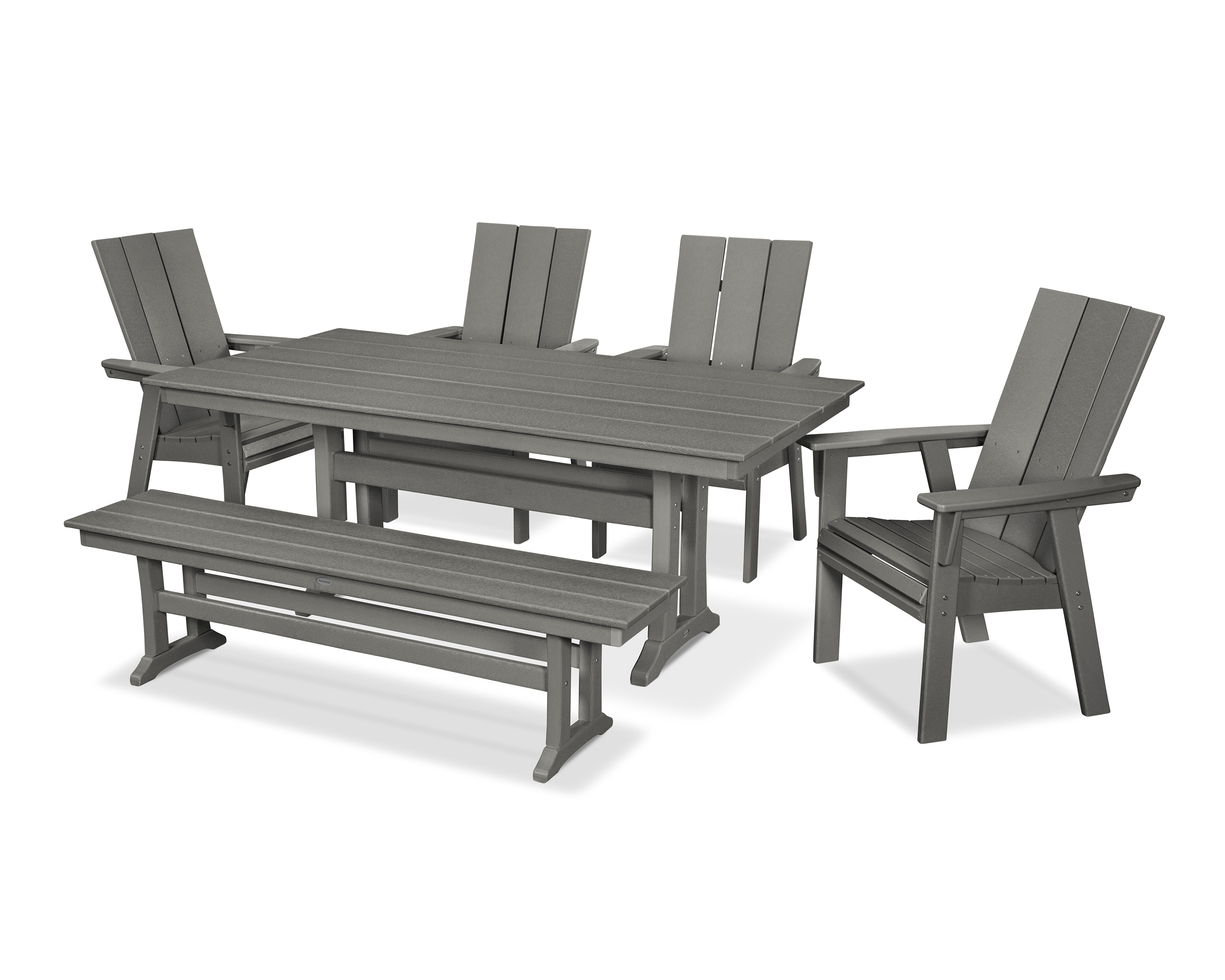 POLYWOOD Modern Curveback Adirondack 6-Piece Farmhouse Dining Set with Trestle Legs and Bench