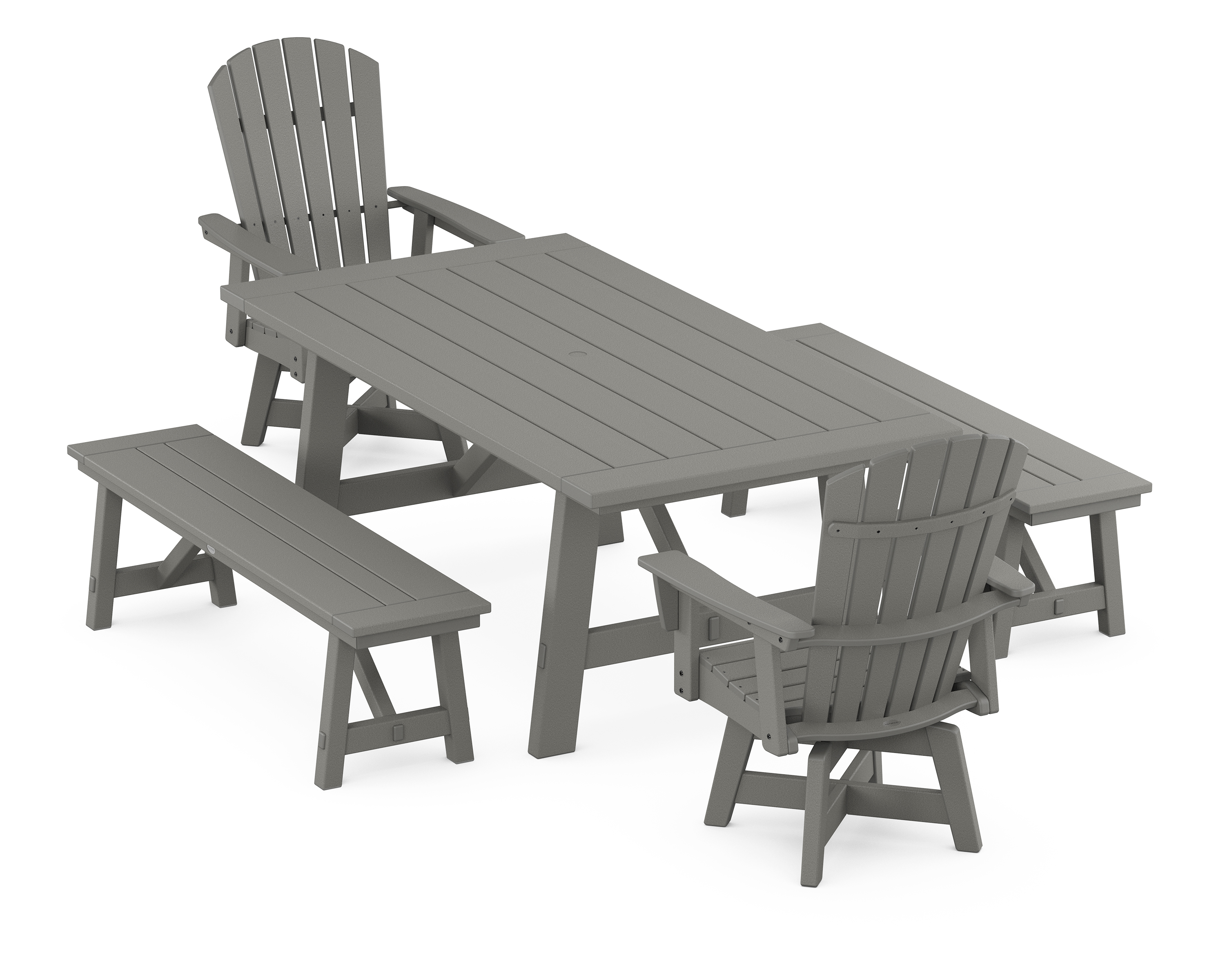 POLYWOOD Nautical Curveback Adirondack Swivel Chair 5-Piece Rustic Farmhouse Dining Set With Benches