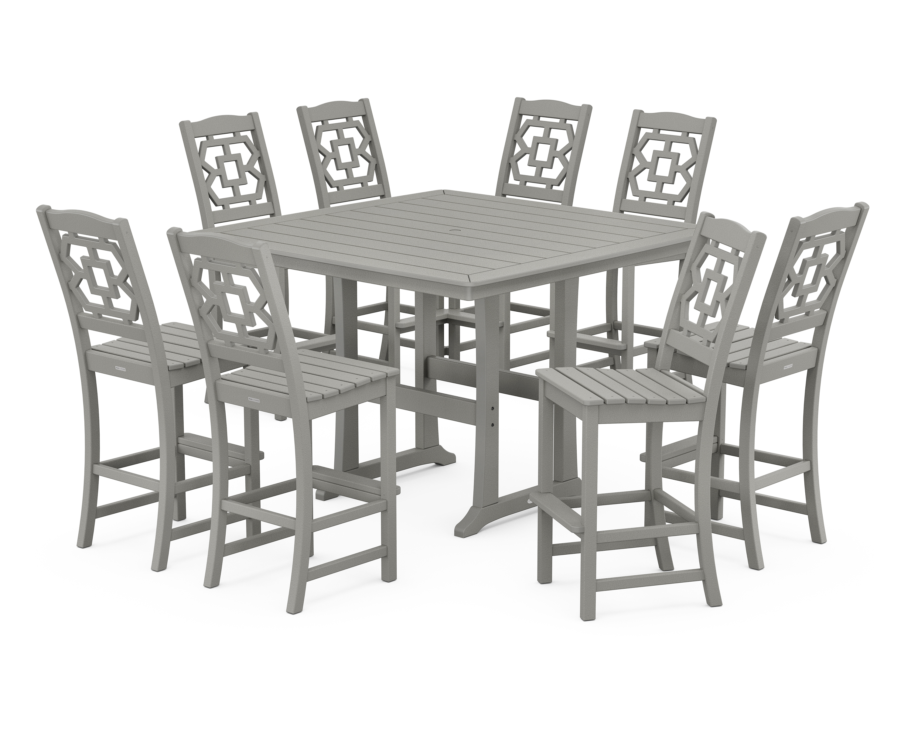 POLYWOOD Chinoiserie 9-Piece Square Side Chair Bar Set with Trestle Legs