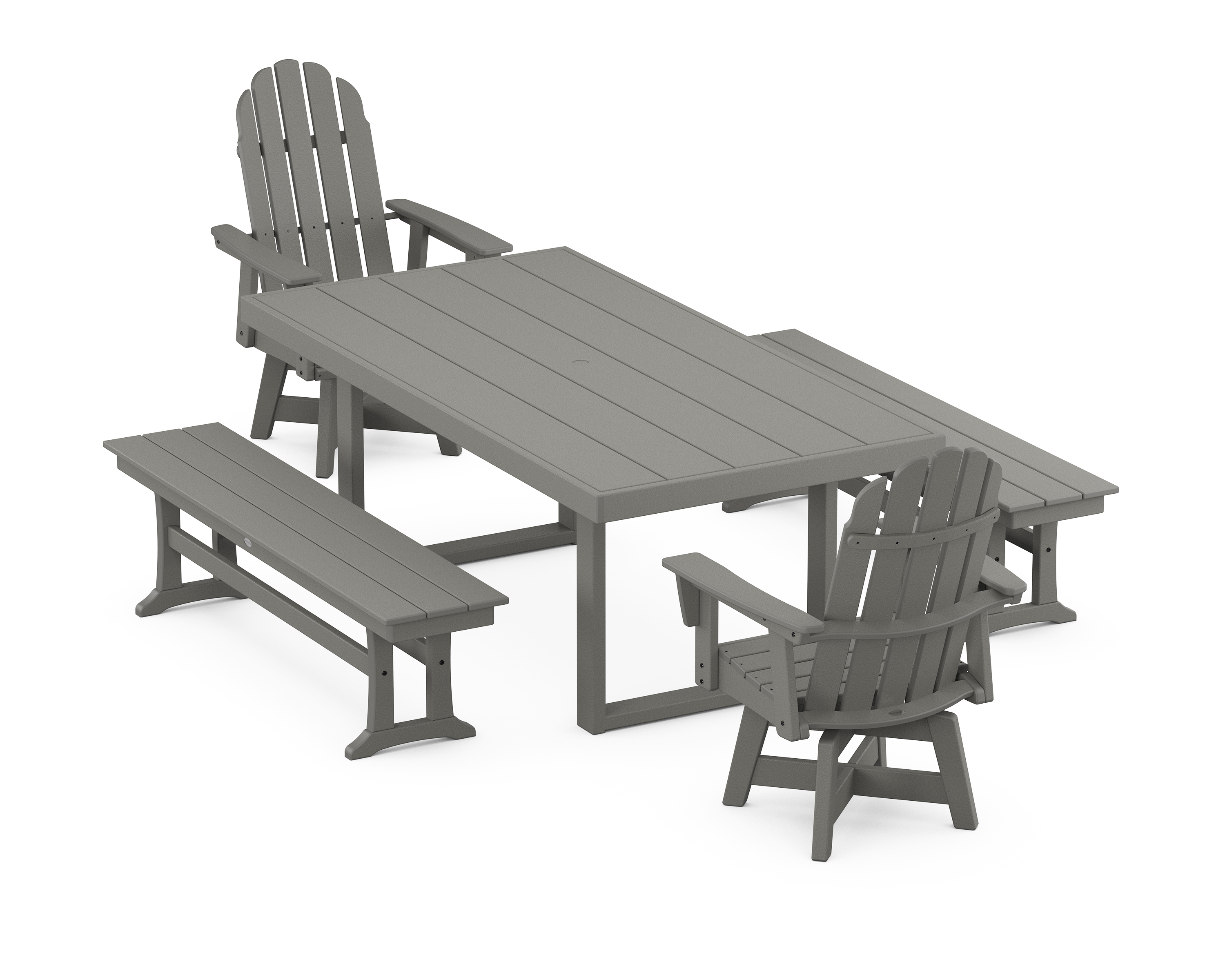 POLYWOOD Vineyard Curveback Adirondack Swivel Chair 5-Piece Dining Set with Benches