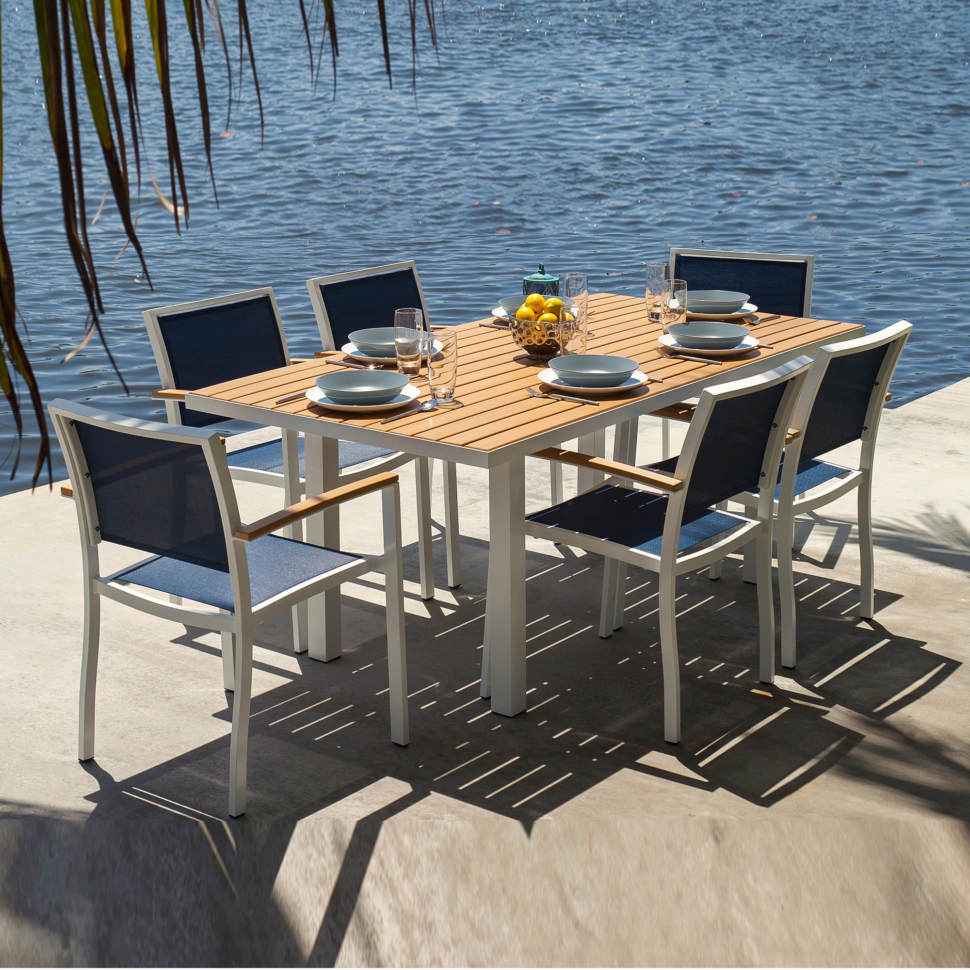 Shown in White Frame, Plastique Slats with Navy Sling