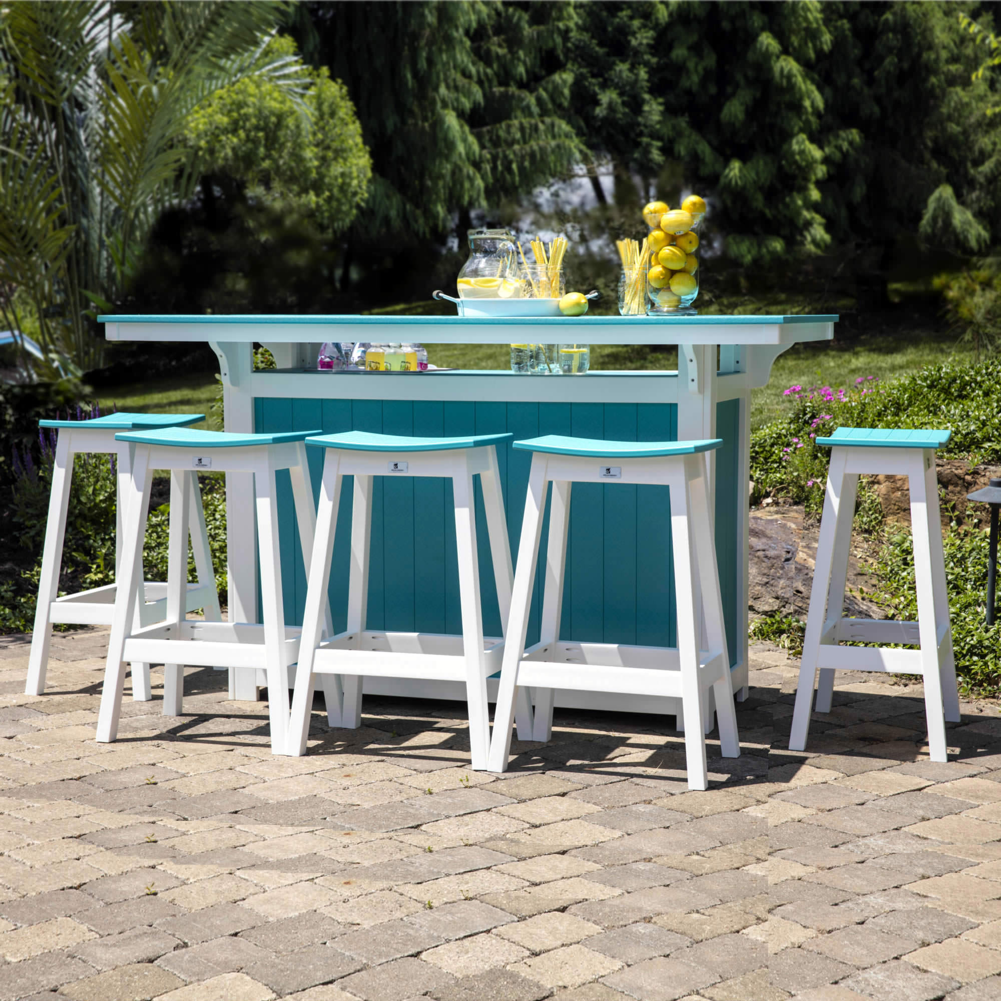 Shown in Aruba Blue on White. Stools not included.