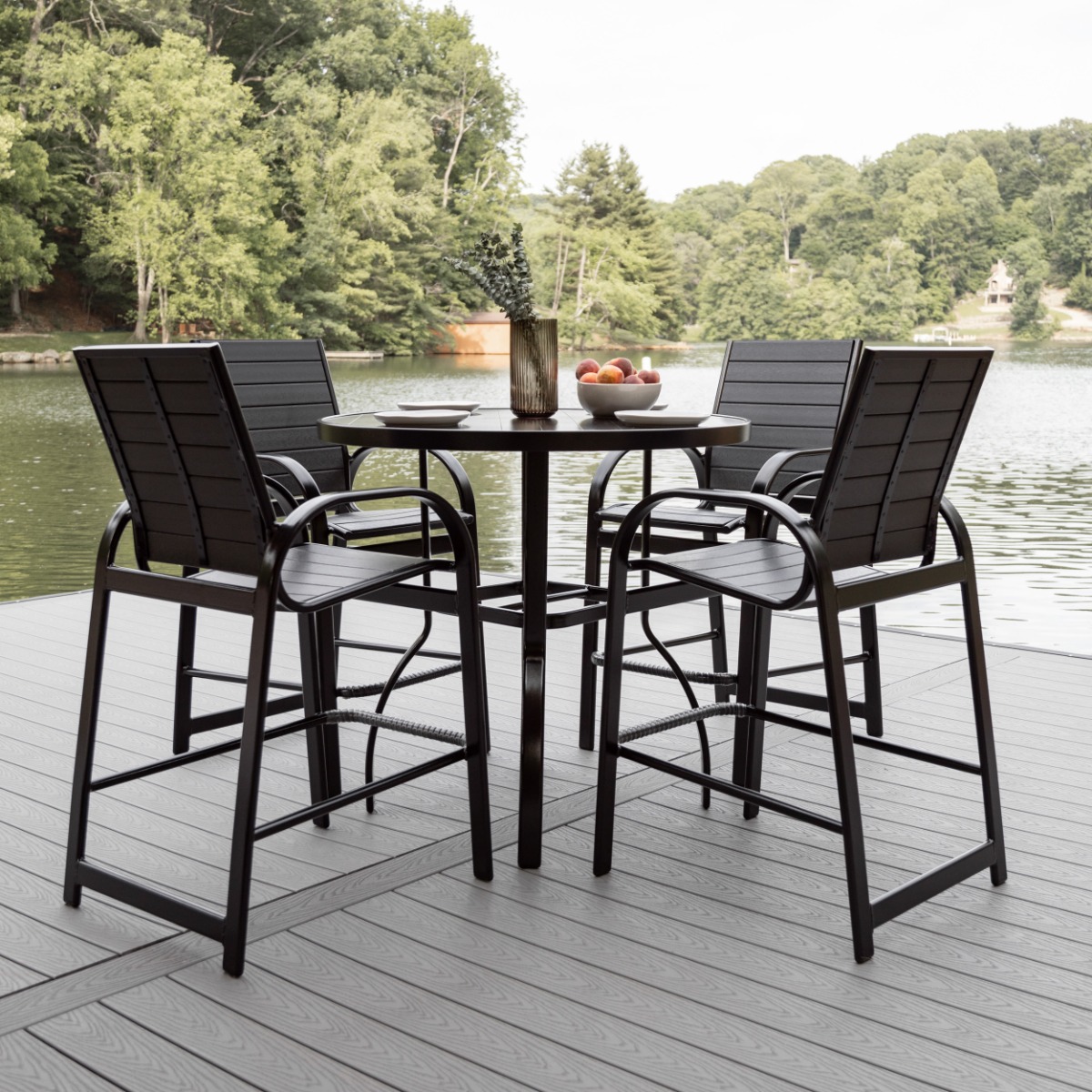 Shown with Murphy Bar Chairs in black with black hdpe slats. (sold separately)