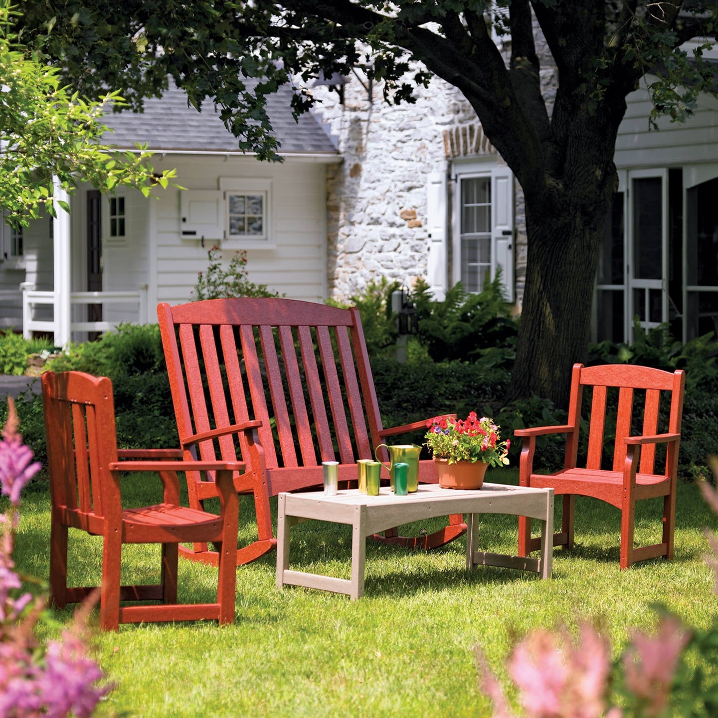 Table shown in Burgundy and Weatherwood