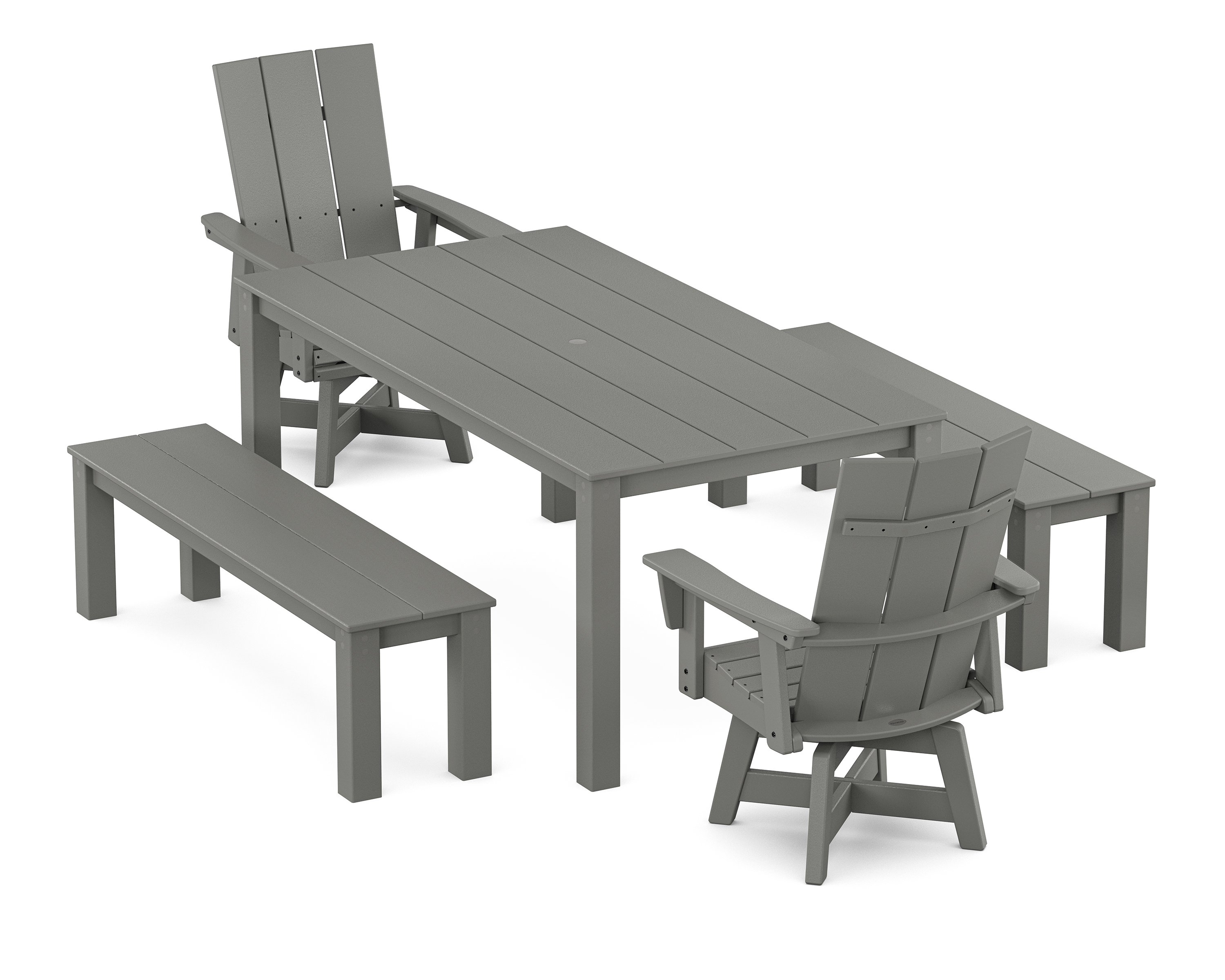 POLYWOOD Modern Curveback Adirondack 5-Piece Parsons Swivel Dining Set with Benches