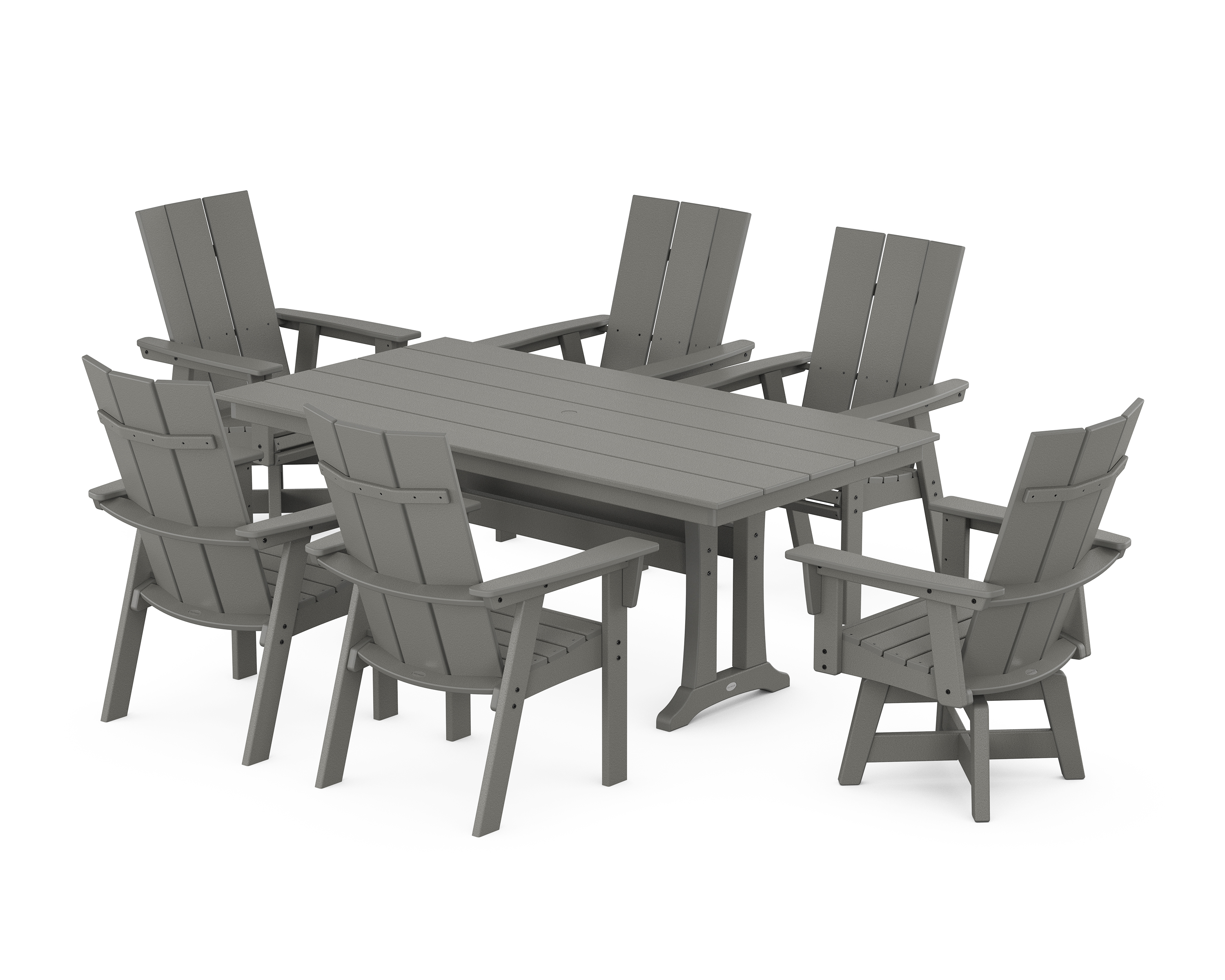 POLYWOOD Modern Curveback Adirondack Swivel Chair 7-Piece Farmhouse Dining Set With Trestle Legs