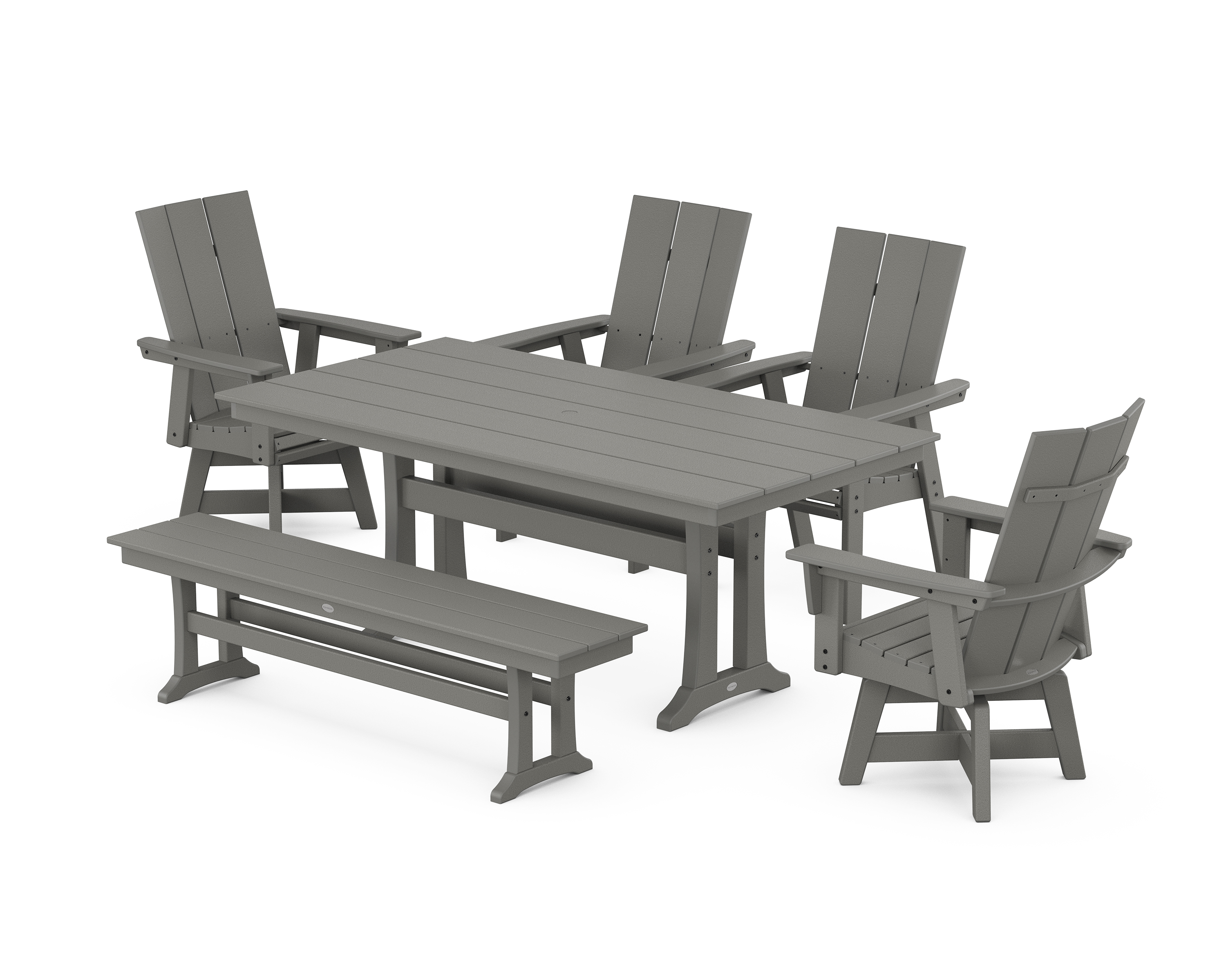 POLYWOOD Modern Curveback Adirondack Swivel Chair 6-Piece Farmhouse Dining Set With Trestle Legs and Bench