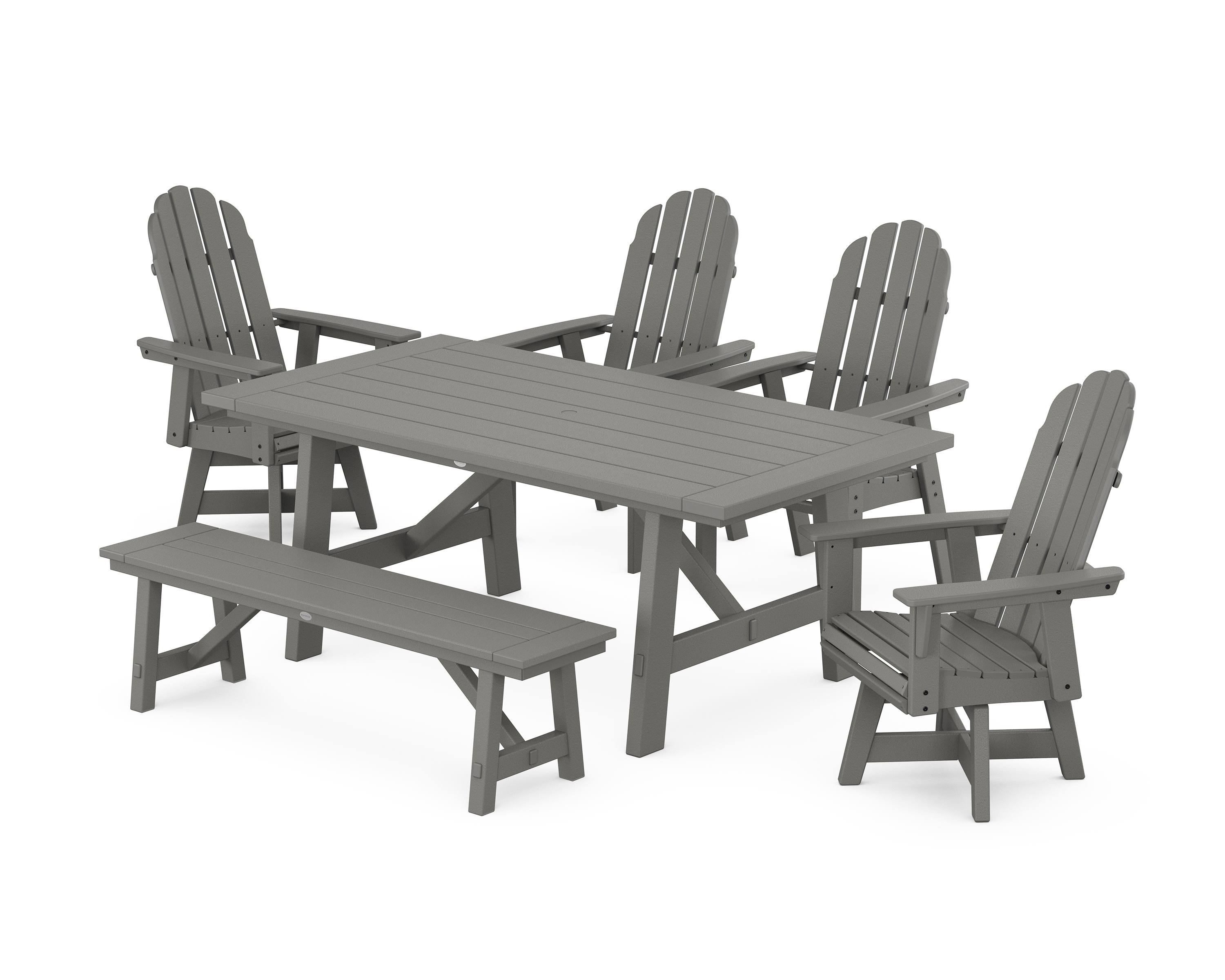 POLYWOOD Vineyard Curveback Adirondack Swivel Chair 6-Piece Rustic Farmhouse Dining Set With Bench