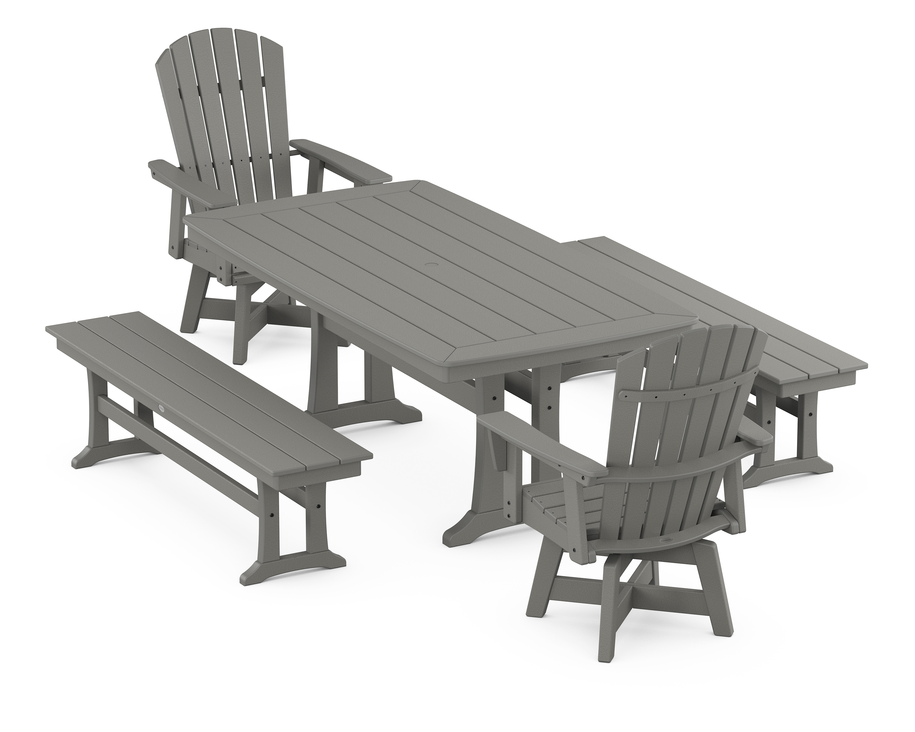POLYWOOD Nautical Curveback Adirondack Swivel Chair 5-Piece Dining Set with Trestle Legs and Benches