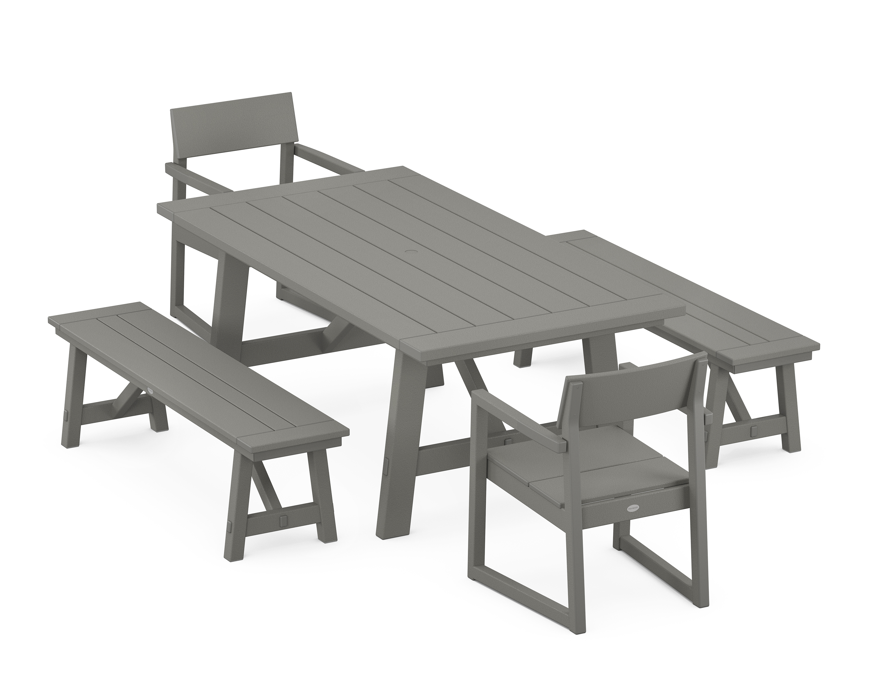 POLYWOOD EDGE 5-Piece Rustic Farmhouse Dining Set With Benches