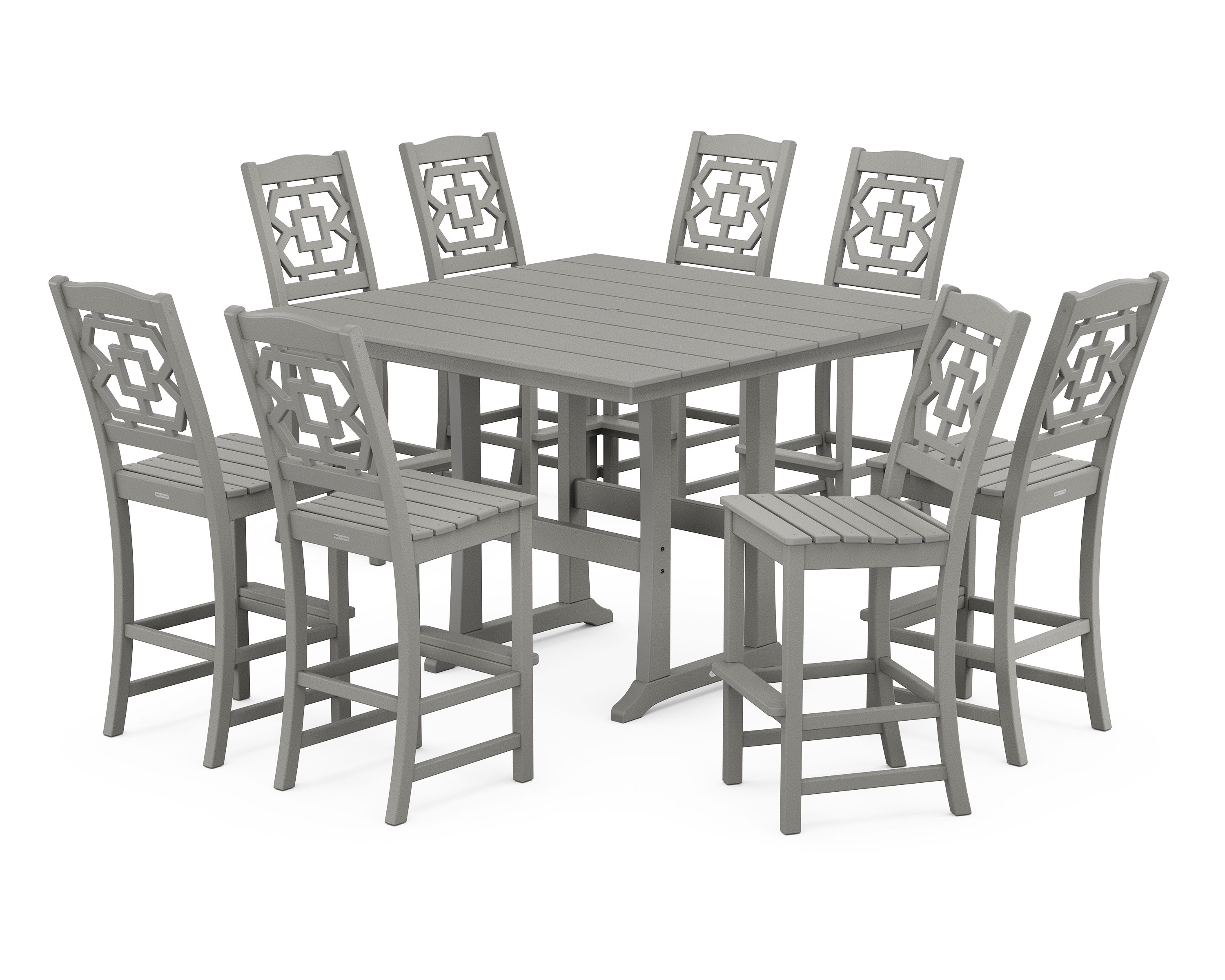 POLYWOOD Chinoiserie 9-Piece Square Farmhouse Side Chair Bar Set with Trestle Legs