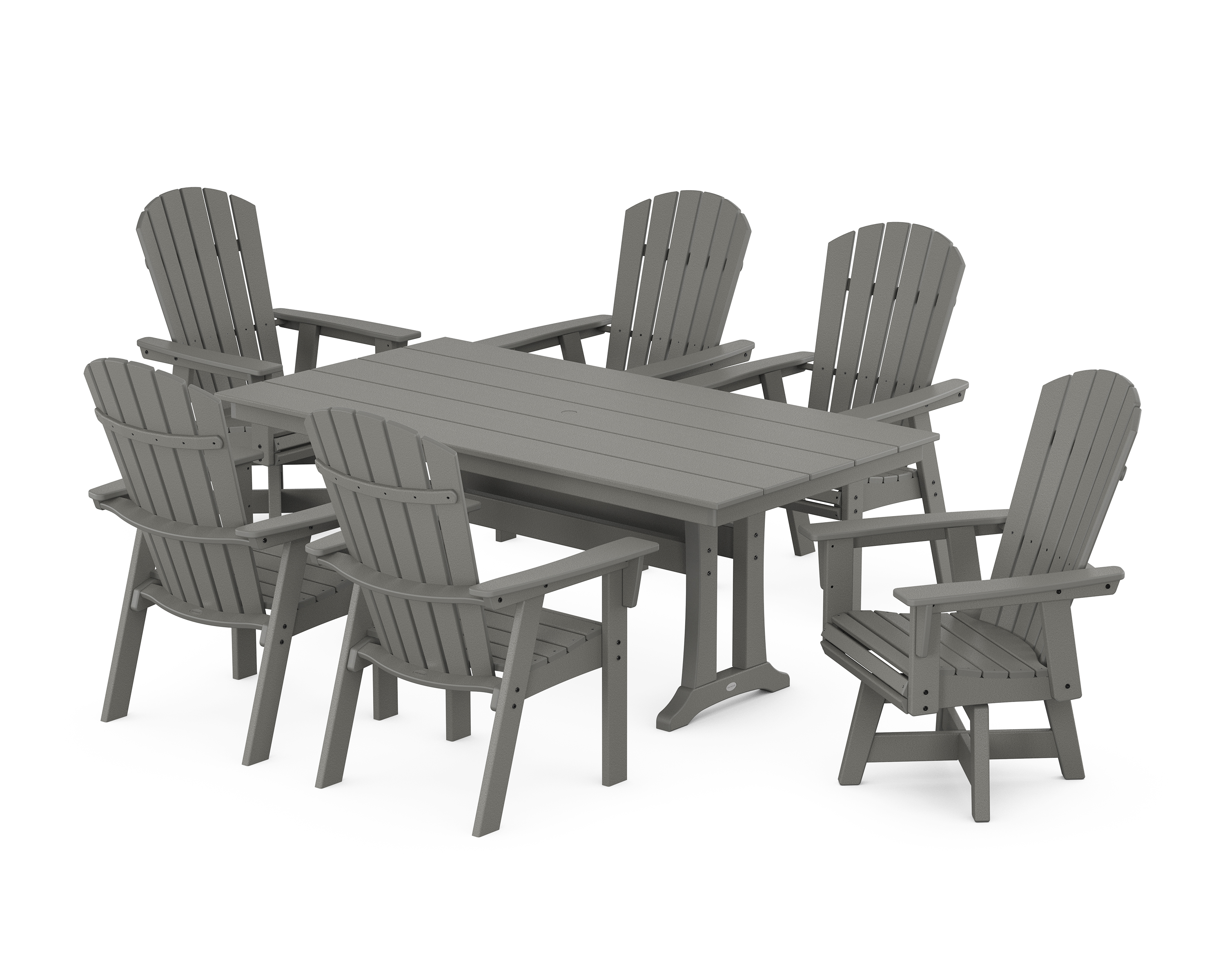 POLYWOOD Nautical Curveback Adirondack Swivel Chair 7-Piece Farmhouse Dining Set With Trestle Legs