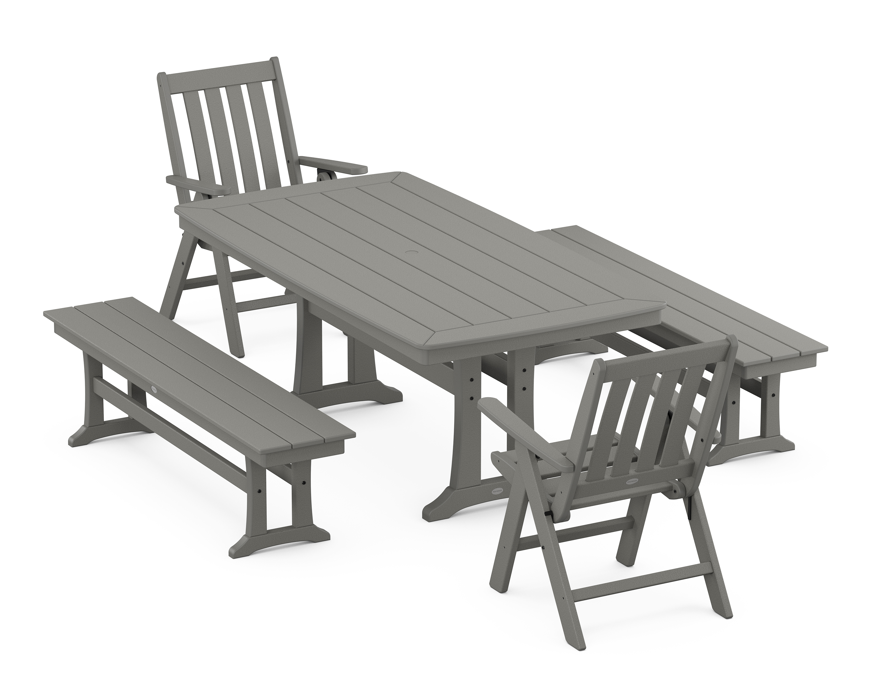 POLYWOOD Vineyard Folding Chair 5-Piece Dining Set with Trestle Legs and Benches