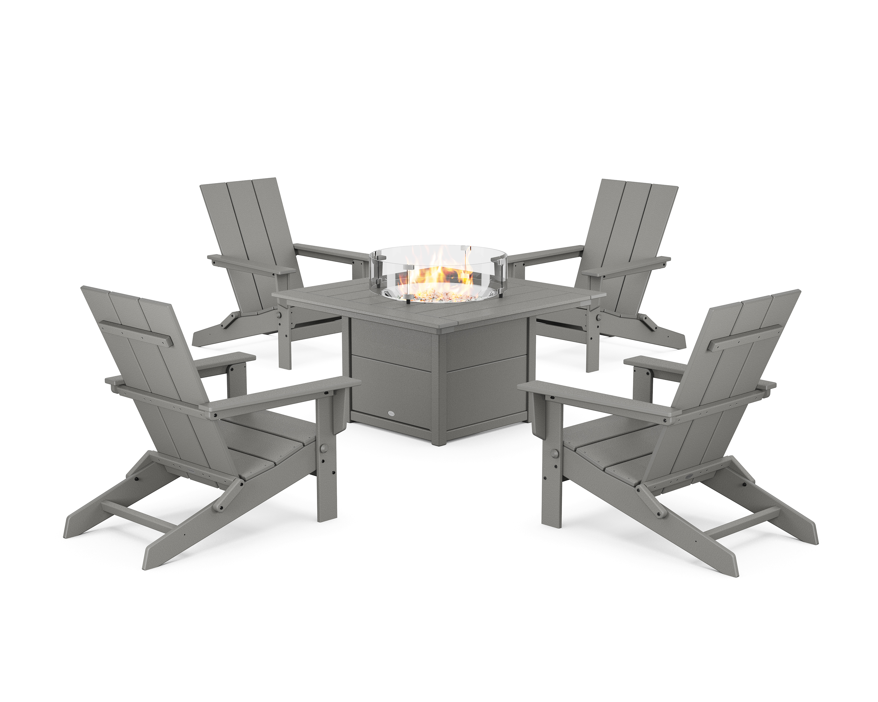 POLYWOOD 5-Piece Modern Studio Folding Adirondack Conversation Set with Fire Pit Table