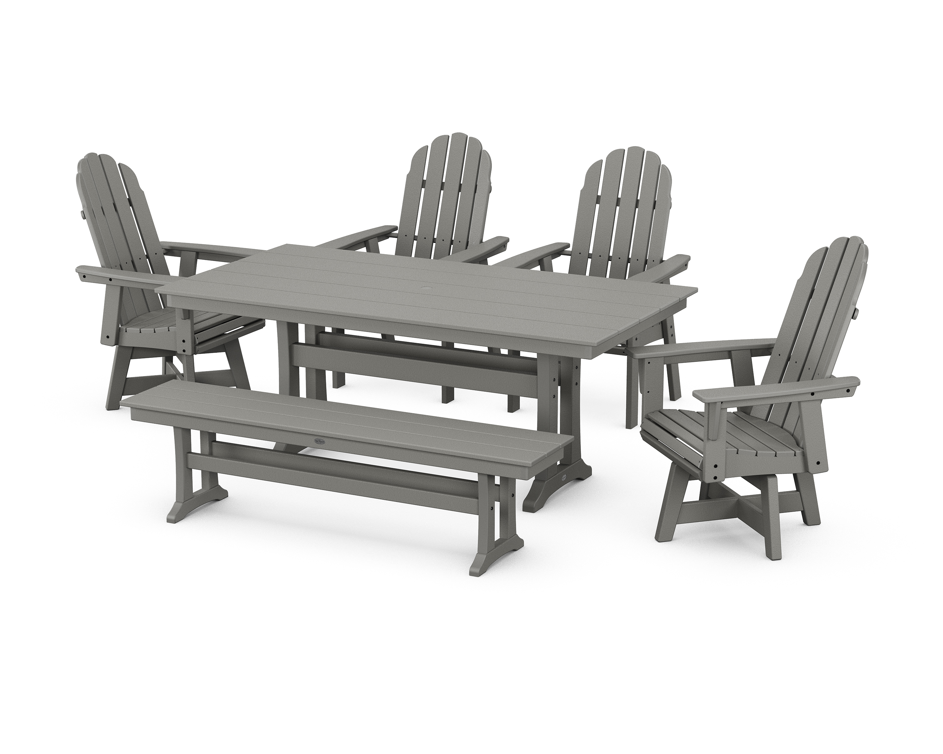 POLYWOOD Vineyard Curveback Adirondack 6-Piece Swivel Chair Farmhouse Dining Set with Trestle Legs and Bench