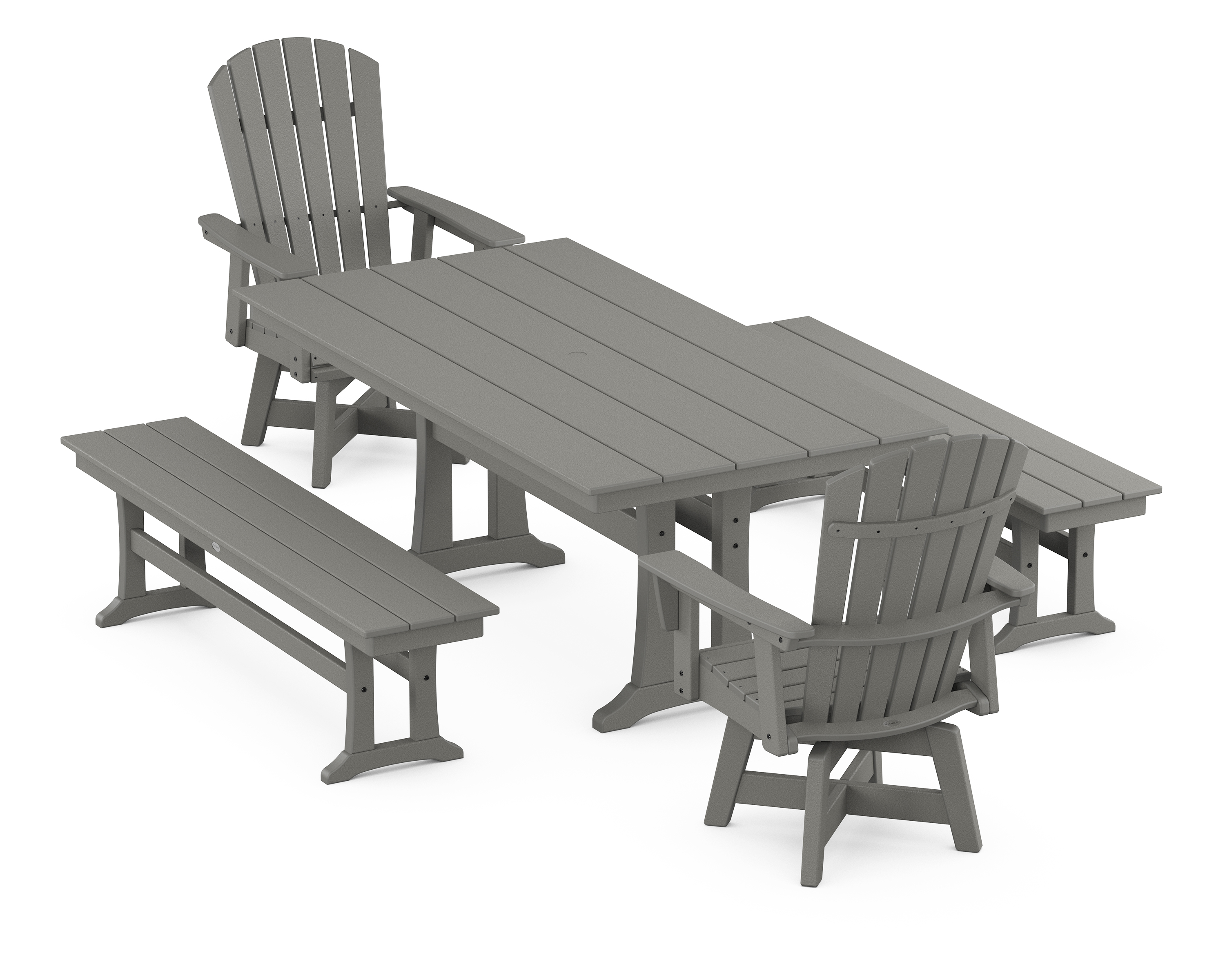 POLYWOOD Nautical Curveback Adirondack Swivel Chair 5-Piece Farmhouse Dining Set With Trestle Legs and Benches
